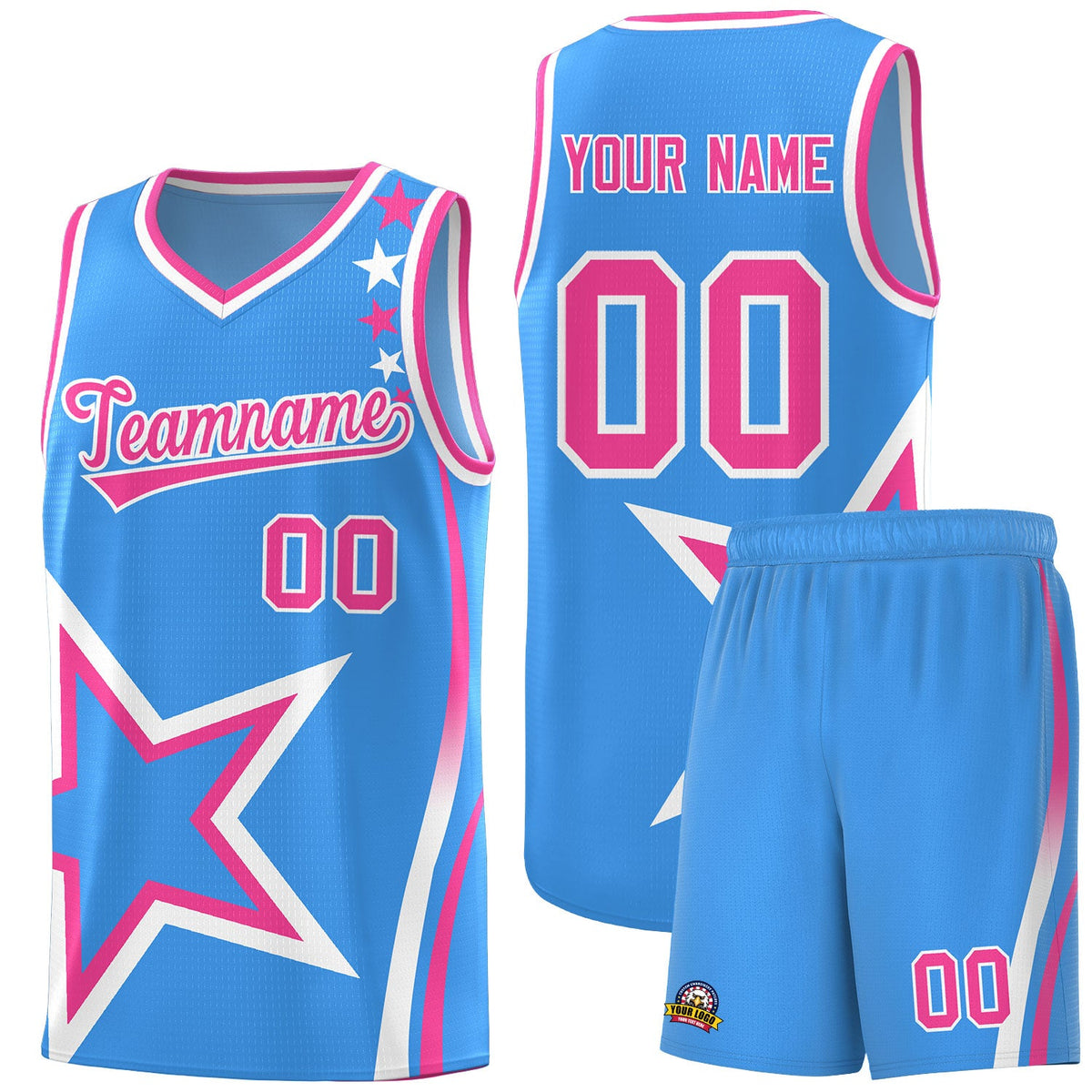 Custom Light Blue Shoulder Stars Graffiti Pattern Sets Basketball Jersey