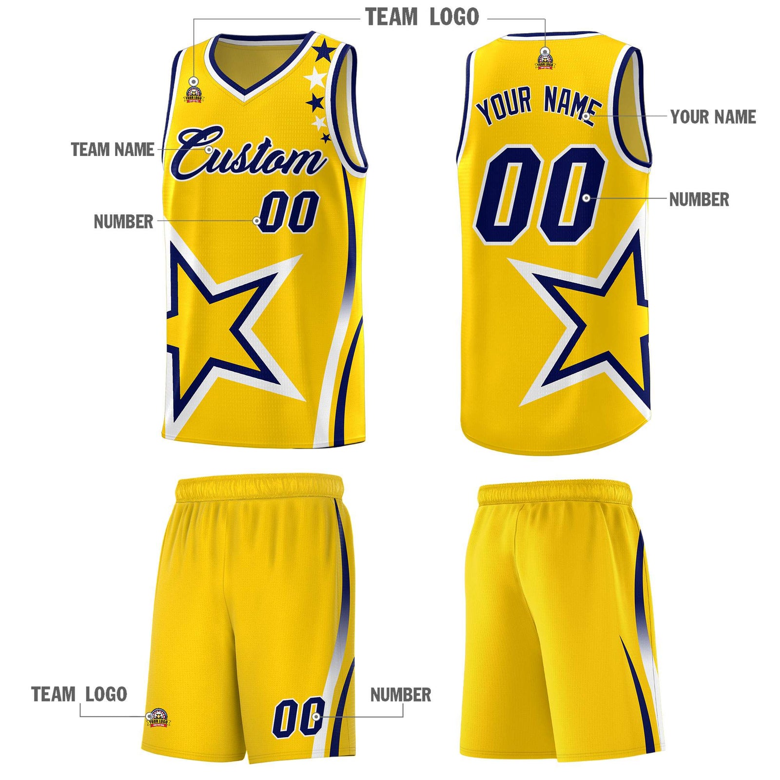 Custom Gold Shoulder Stars Graffiti Pattern Sets Basketball Jersey