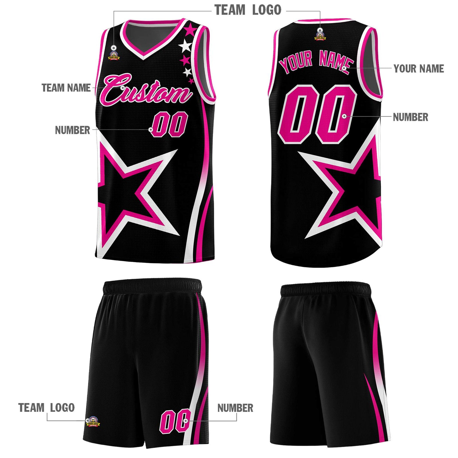 Custom Black Shoulder Stars Graffiti Pattern Sets Basketball Jersey