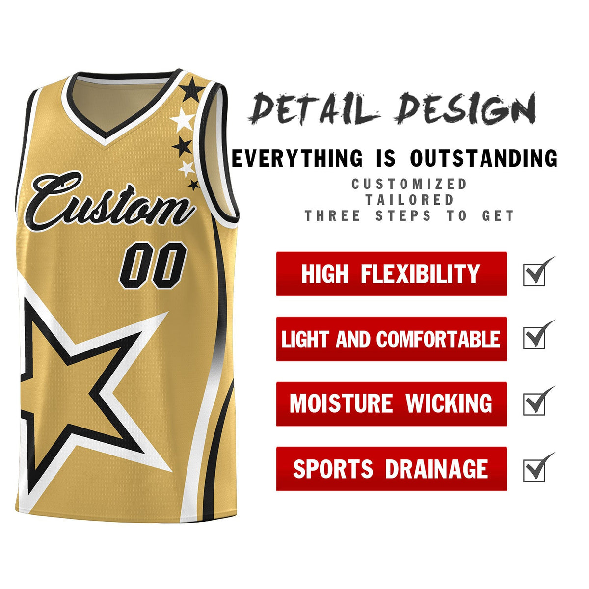 Custom Old Gold Shoulder Stars Graffiti Pattern Sets Basketball Jersey