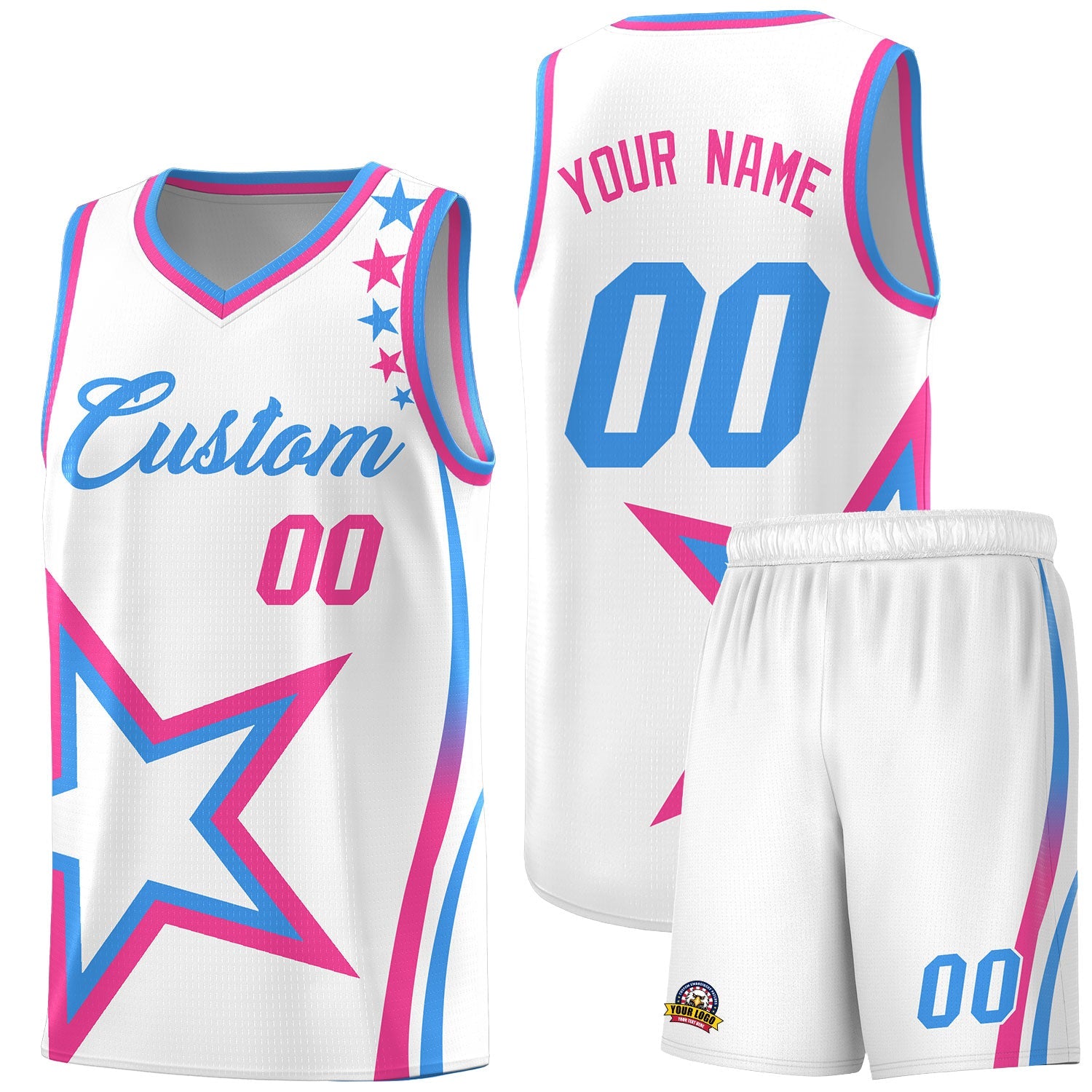 Custom White Shoulder Stars Graffiti Pattern Sets Basketball Jersey