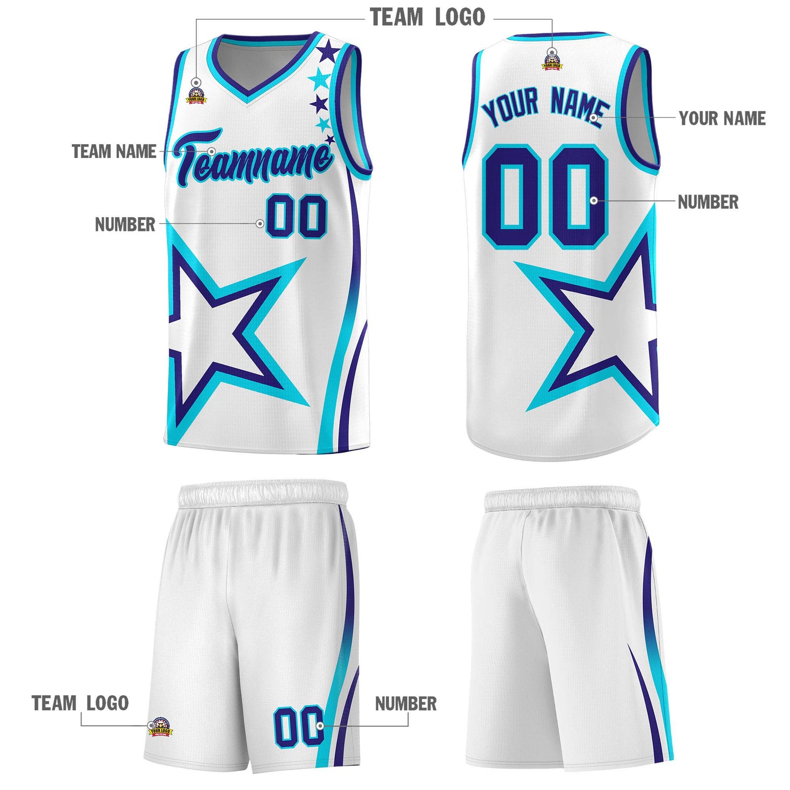 Custom White Shoulder Stars Graffiti Pattern Sets Basketball Jersey