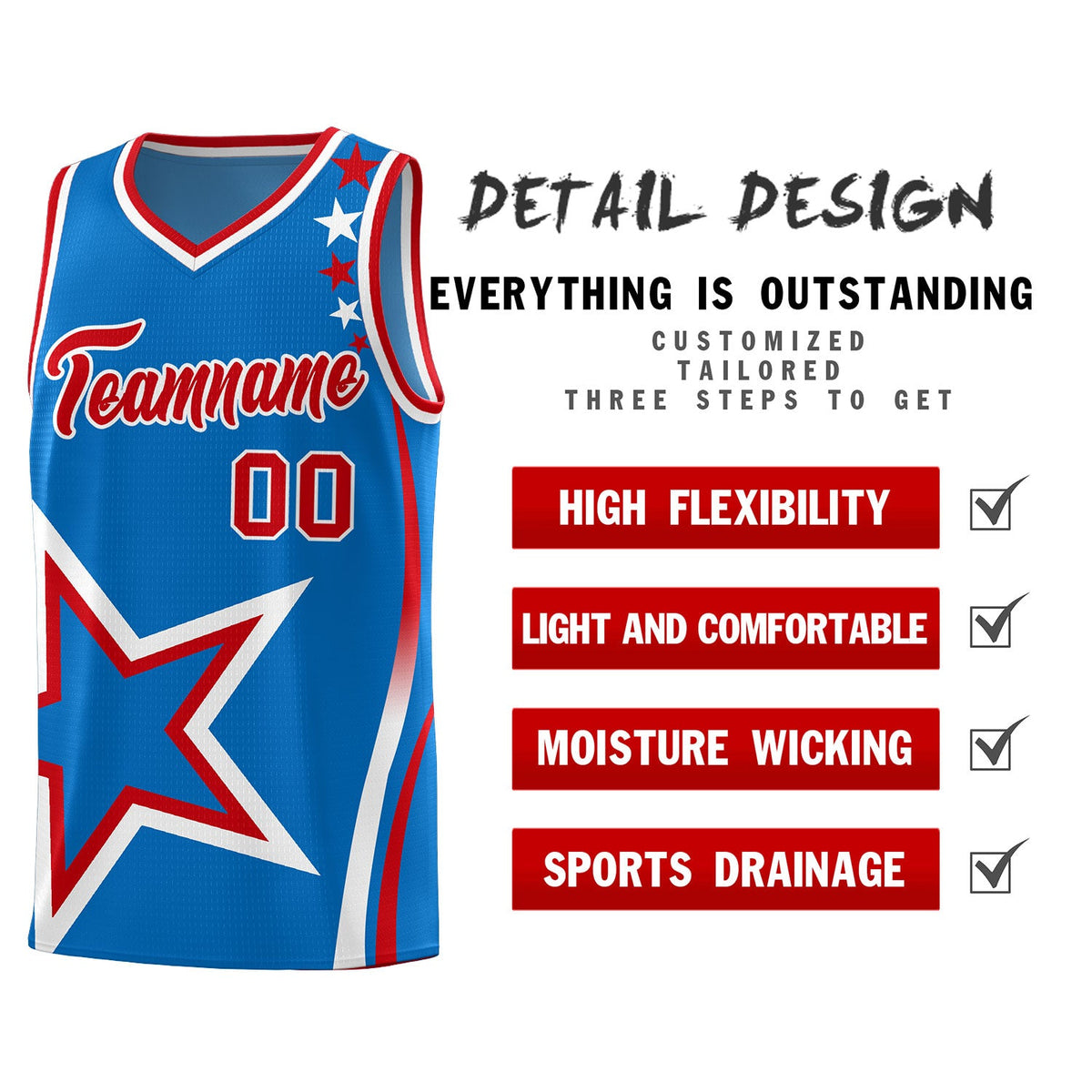 Custom Blue Shoulder Stars Graffiti Pattern Sets Basketball Jersey