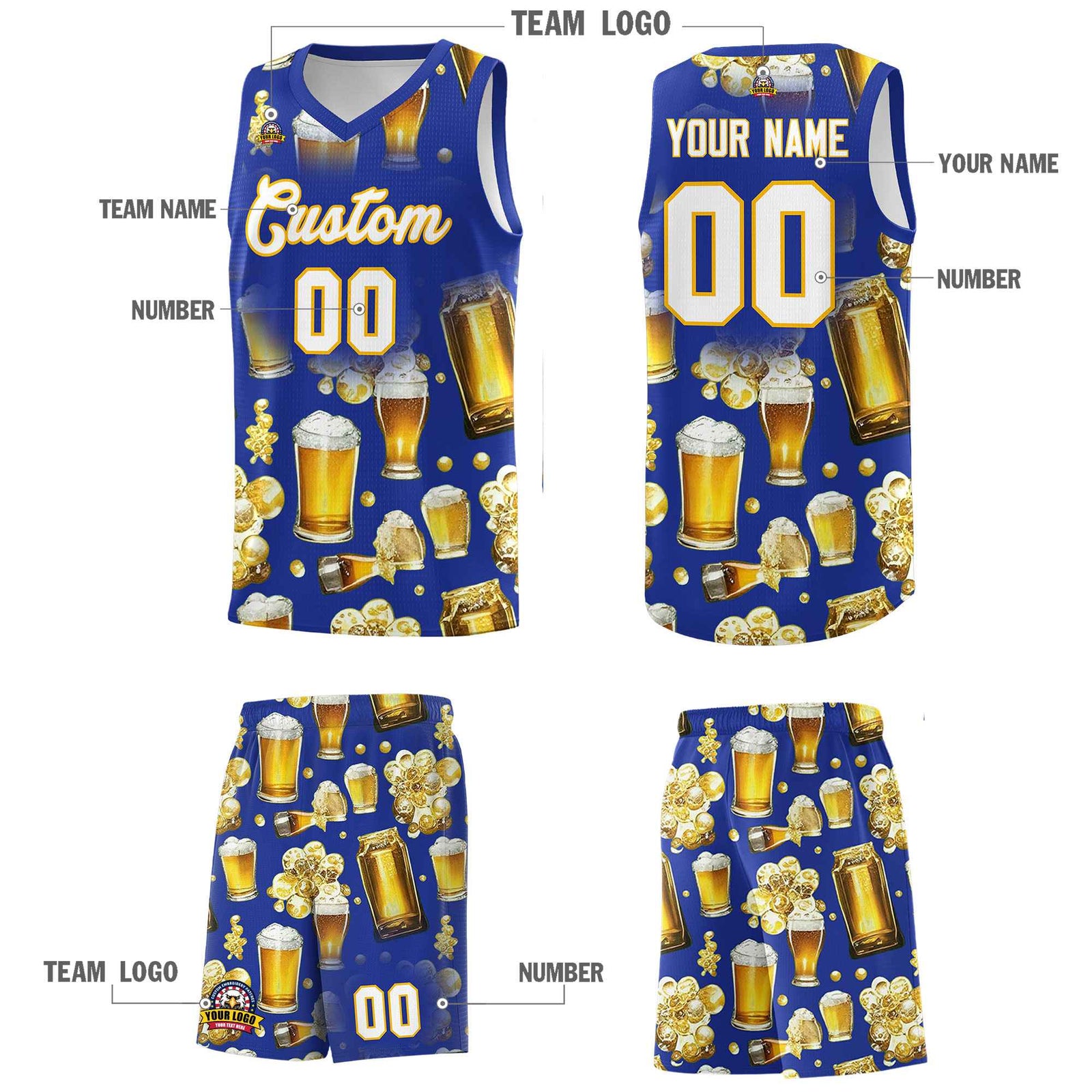 Custom Royal Blue National Beer Day Personalized Beer Bubble Basketball Jersey | Perfect for parties | Dye-sublimation printing | KXKSHOP