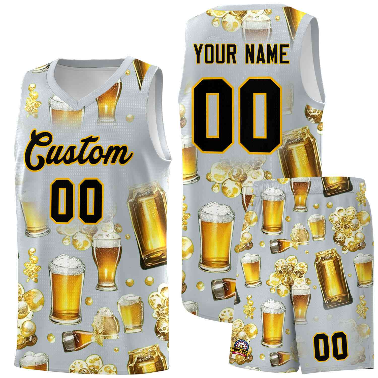 Custom Silver National Beer Day Personalized Beer Bubble Basketball Jersey | Perfect for parties | Dye-sublimation printing | KXKSHOP