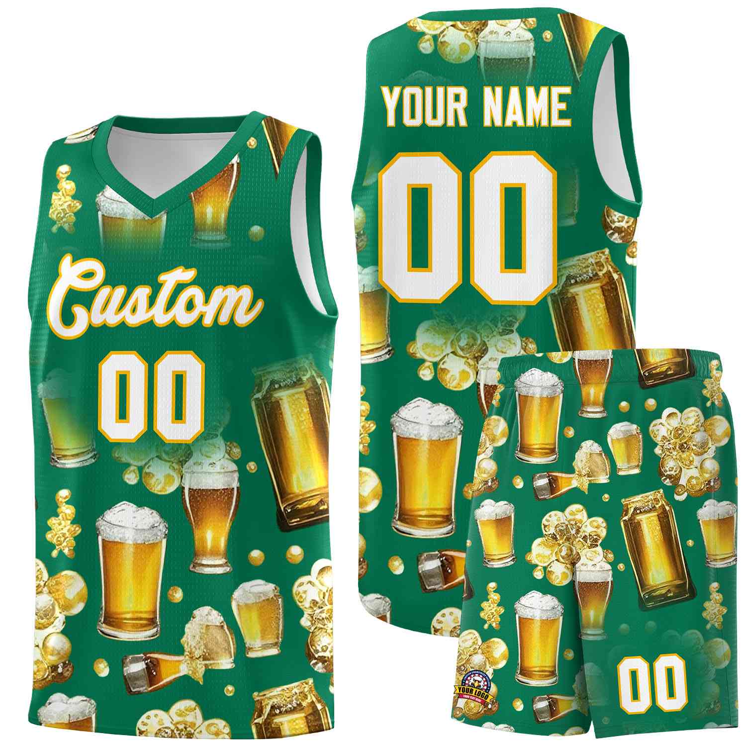 Custom Kelly Green National Beer Day Personalized Beer Bubble Basketball Jersey | Perfect for parties | Dye-sublimation printing | KXKSHOP