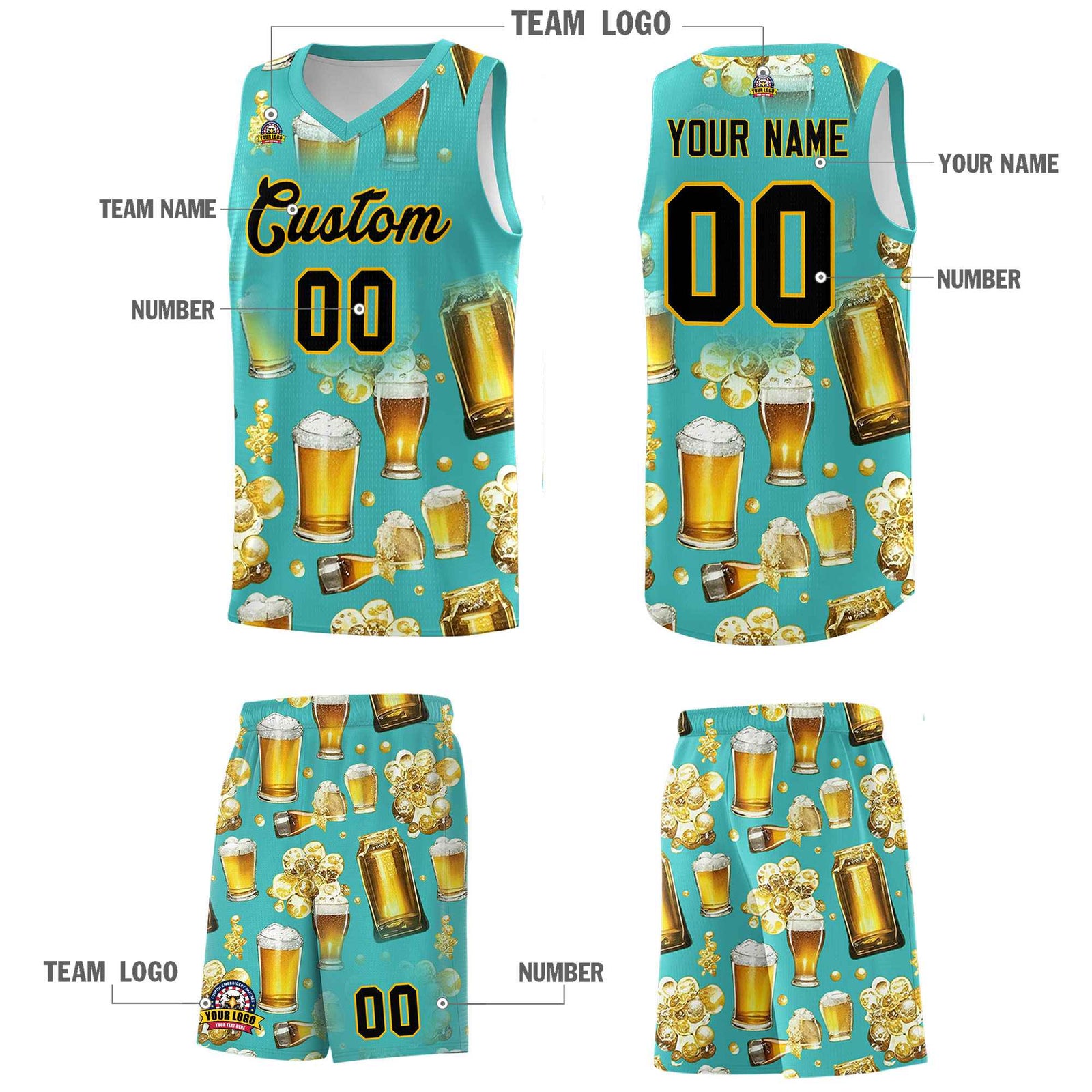Custom Teal National Beer Day Personalized Beer Bubble Basketball Jersey | Perfect for parties | Dye-sublimation printing | KXKSHOP