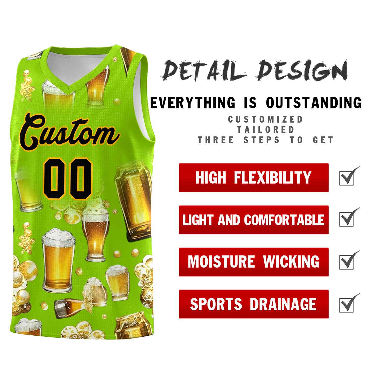 Custom Neon Green National Beer Day Personalized Beer Bubble Basketball Jersey | Perfect for parties | Dye-sublimation printing | KXKSHOP