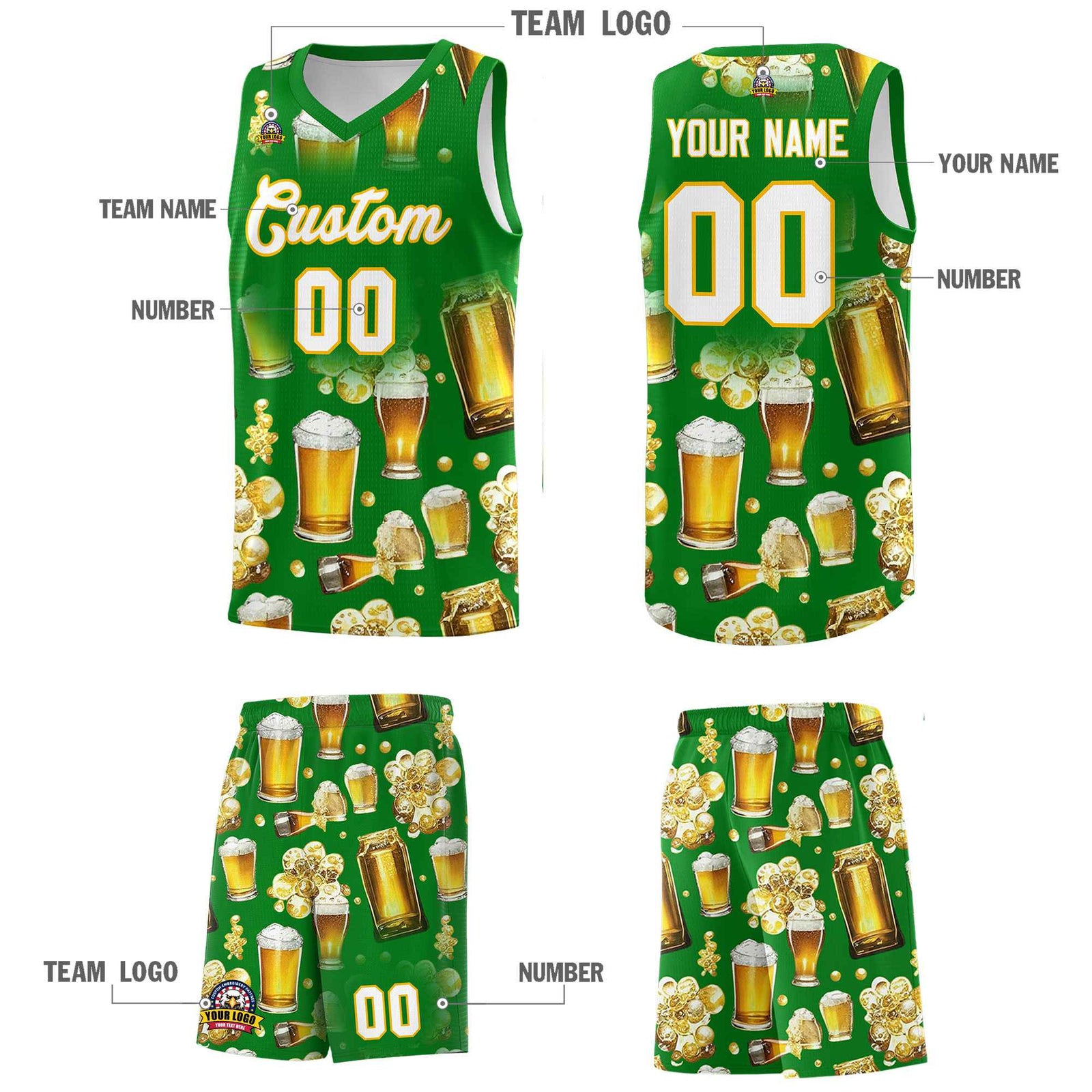 Custom Kelly Green-02 National Beer Day Personalized Beer Bubble Basketball Jersey | Perfect for parties | Dye-sublimation printing | KXKSHOP