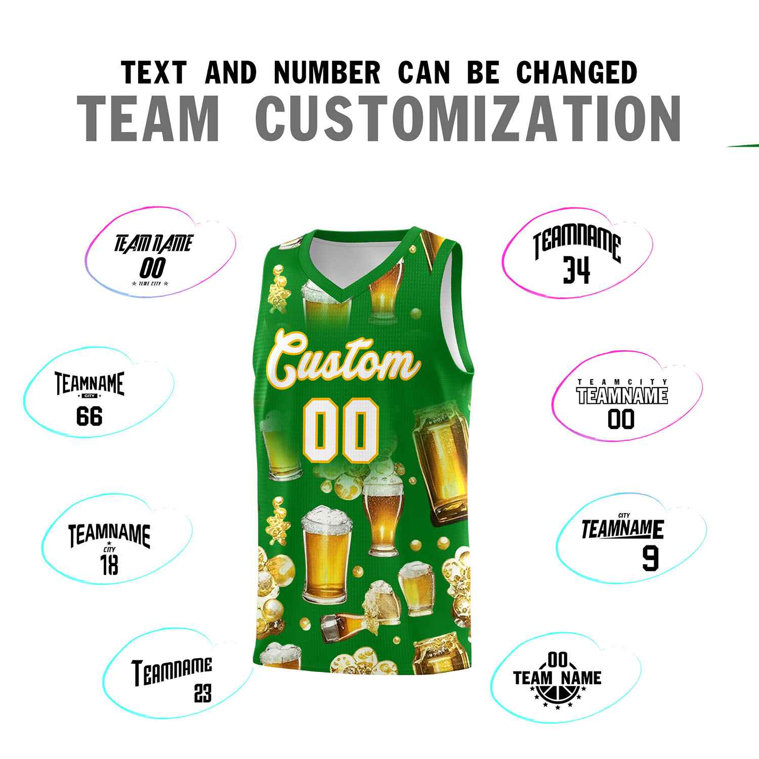 Custom Kelly Green-02 National Beer Day Personalized Beer Bubble Basketball Jersey | Perfect for parties | Dye-sublimation printing | KXKSHOP