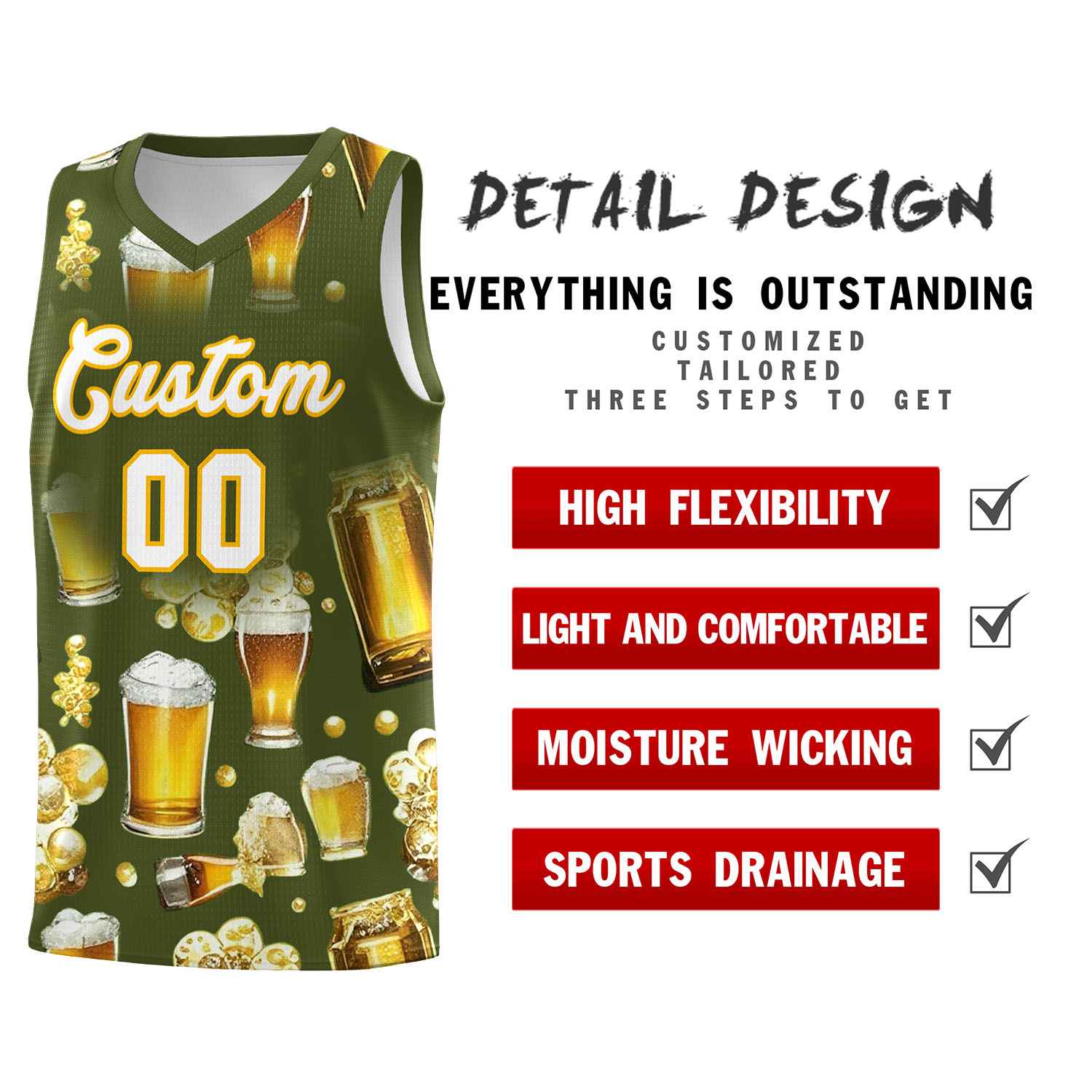 Custom Olive National Beer Day Personalized Beer Bubble Basketball Jersey | Perfect for parties | Dye-sublimation printing | KXKSHOP