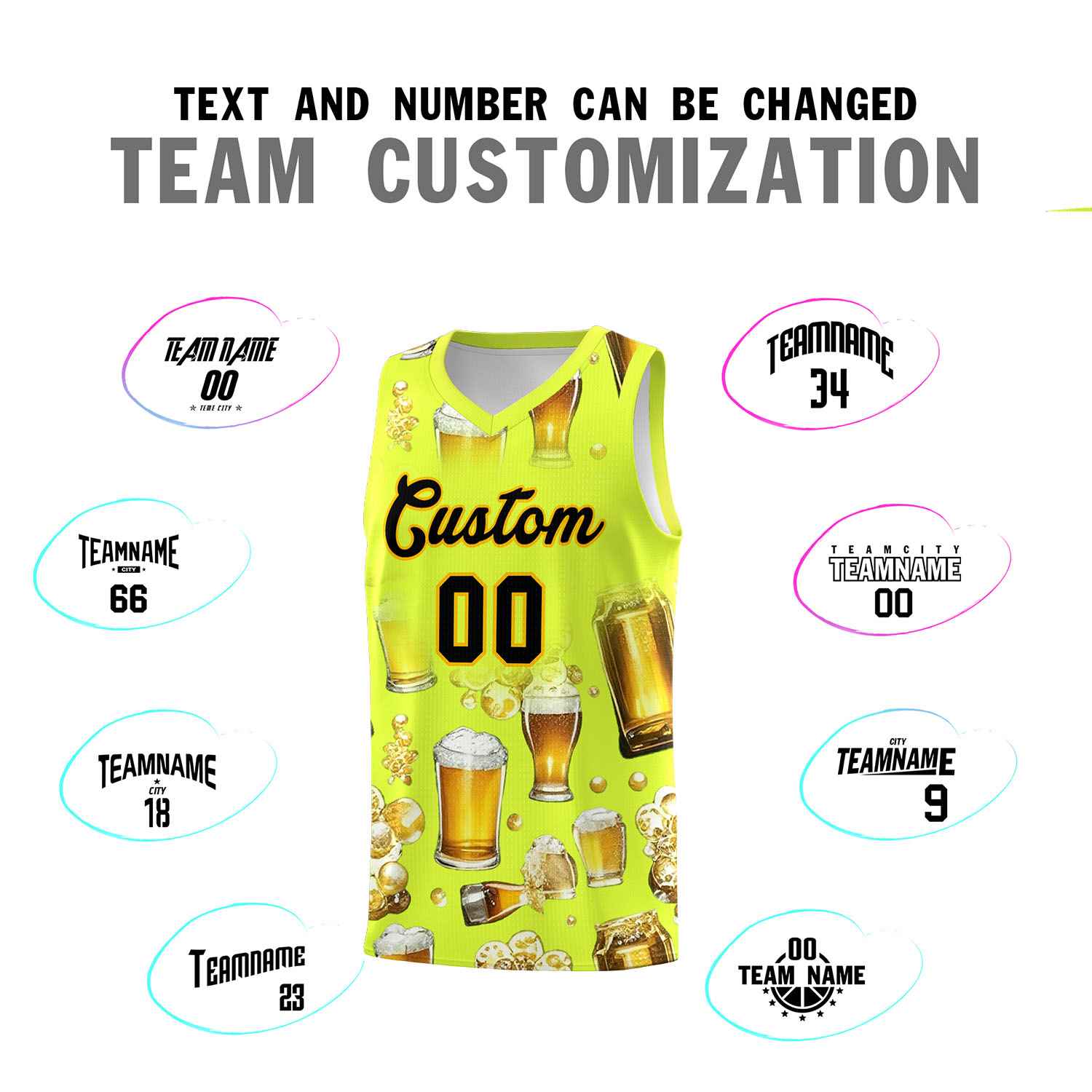 Custom Fluorescent Green National Beer Day Personalized Beer Bubble Basketball Jersey | Perfect for parties | Dye-sublimation printing | KXKSHOP