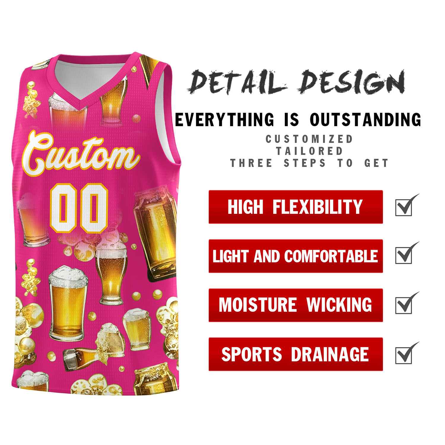 Custom Rose Red National Beer Day Personalized Beer Bubble Basketball Jersey | Perfect for parties | Dye-sublimation printing | KXKSHOP