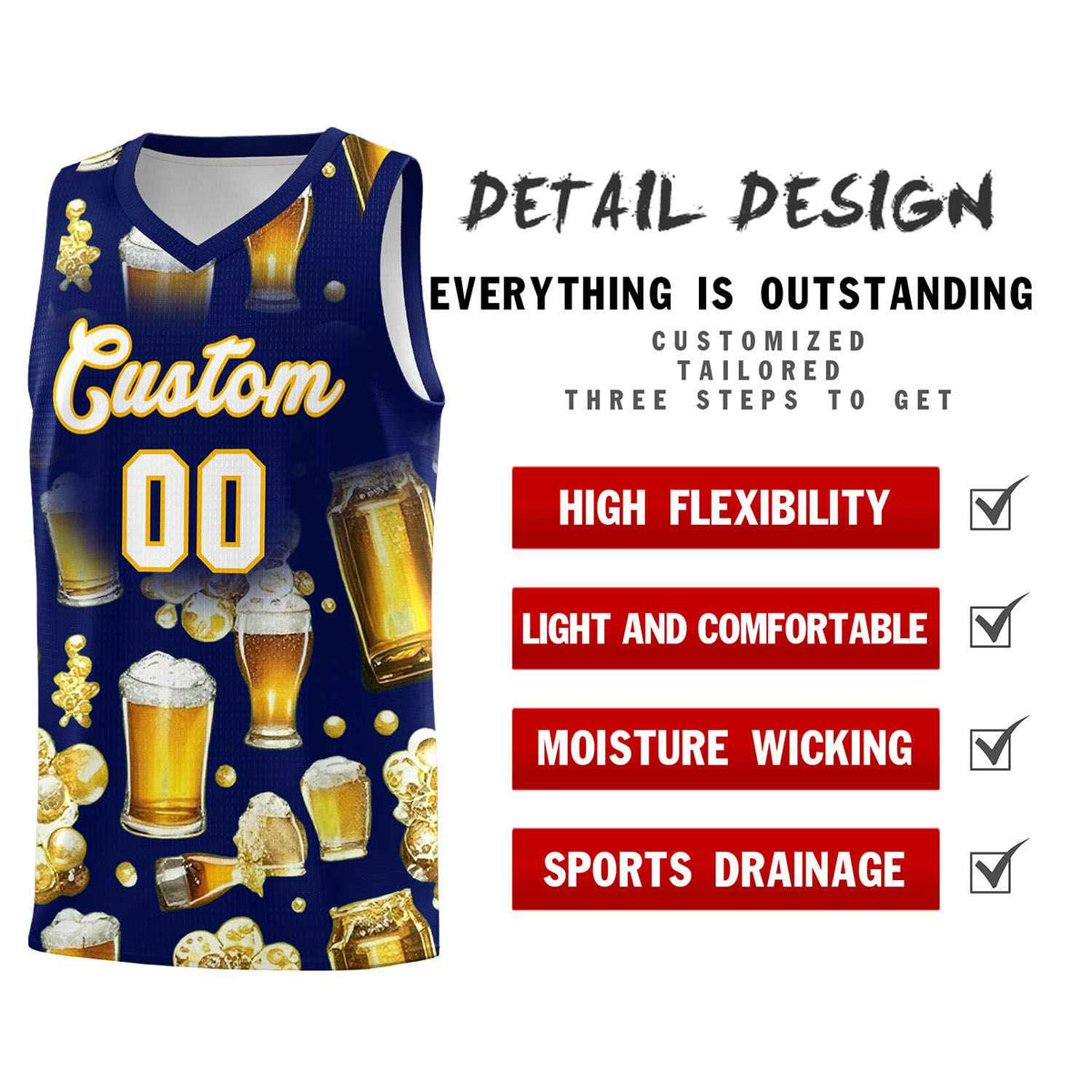 Custom Dark Blue National Beer Day Personalized Beer Bubble Basketball Jersey | Perfect for parties | Dye-sublimation printing | KXKSHOP