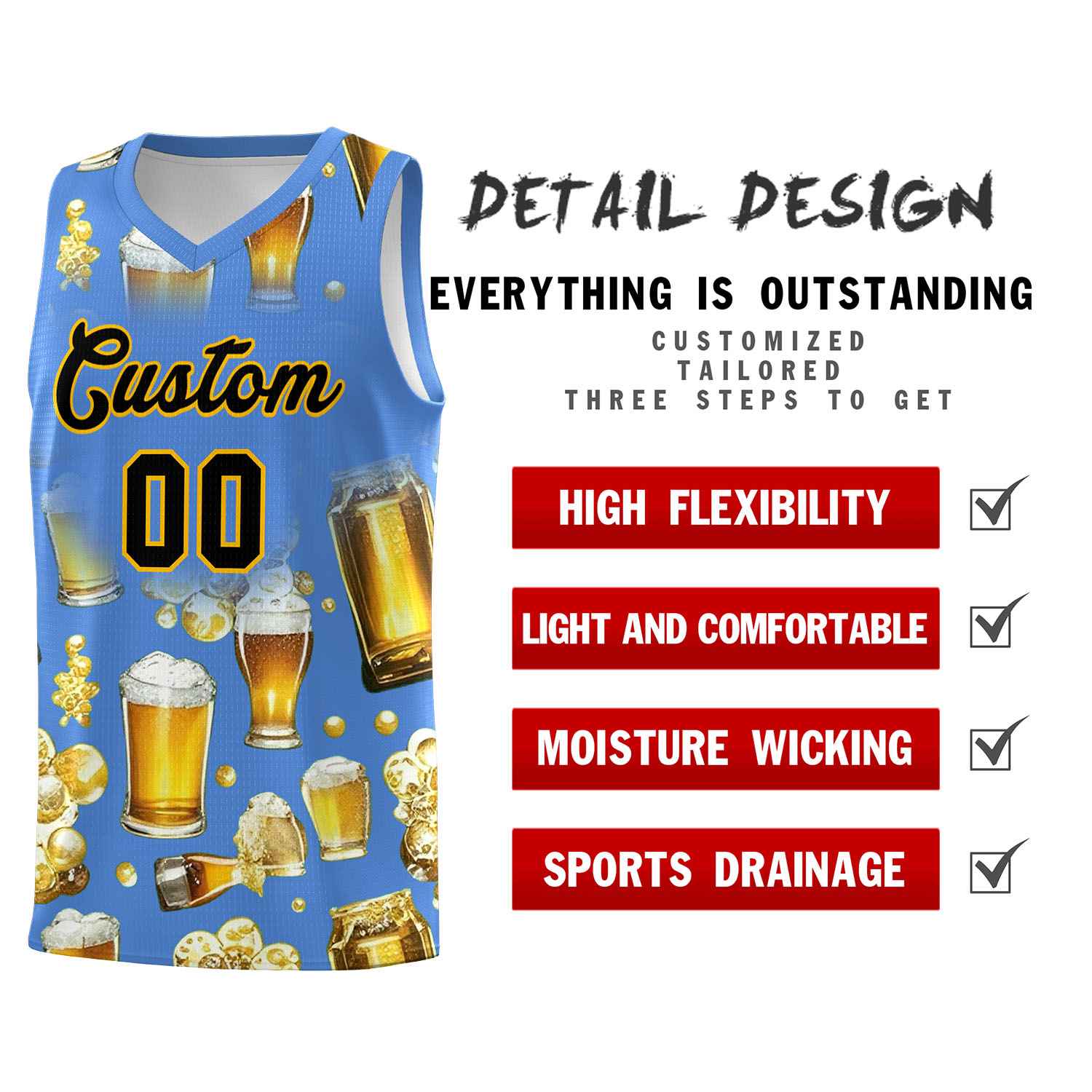 Custom Powder Blue National Beer Day Personalized Beer Bubble Basketball Jersey | Perfect for parties | Dye-sublimation printing | KXKSHOP