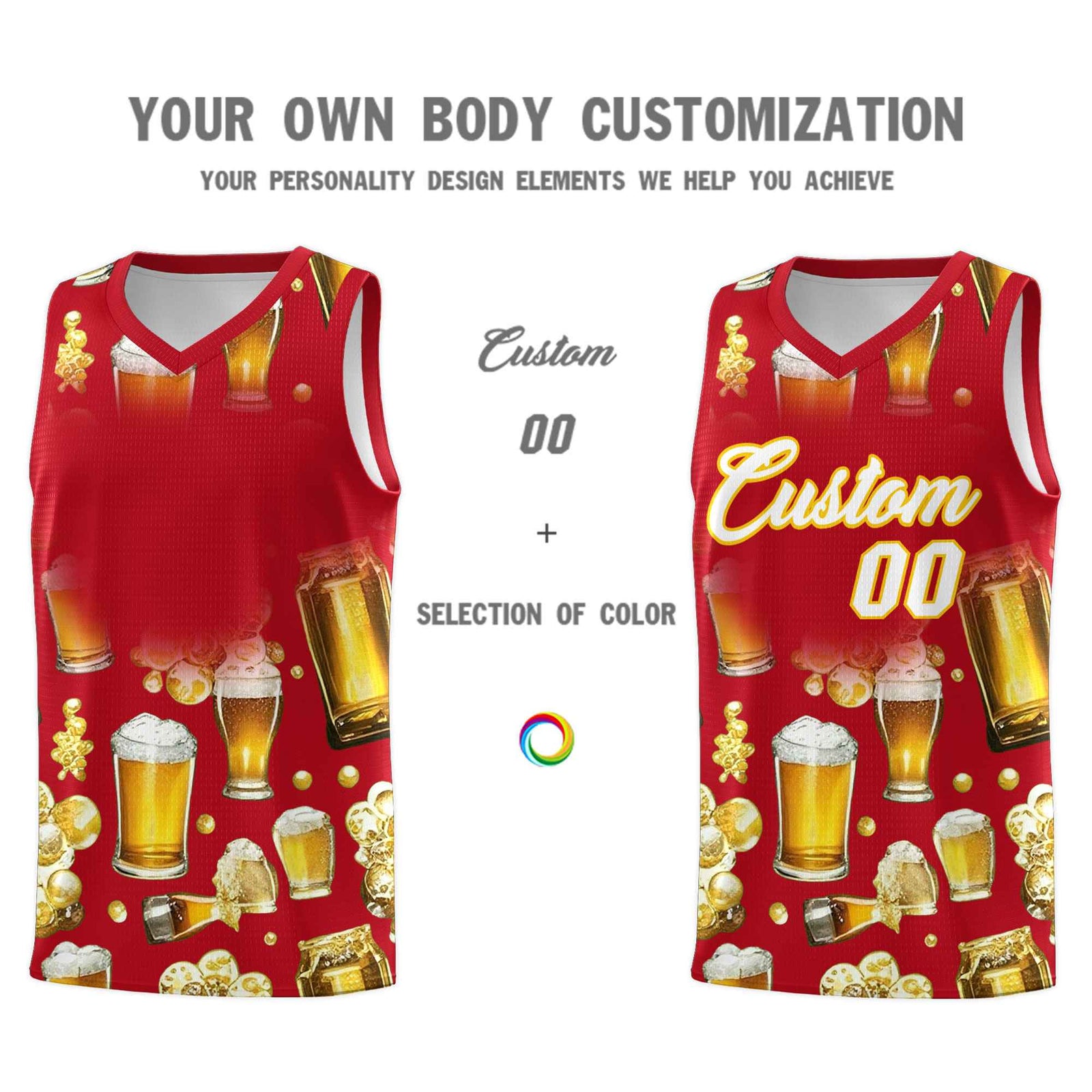 Custom Red National Beer Day Personalized Beer Bubble Basketball Jersey | Perfect for parties | Dye-sublimation printing | KXKSHOP