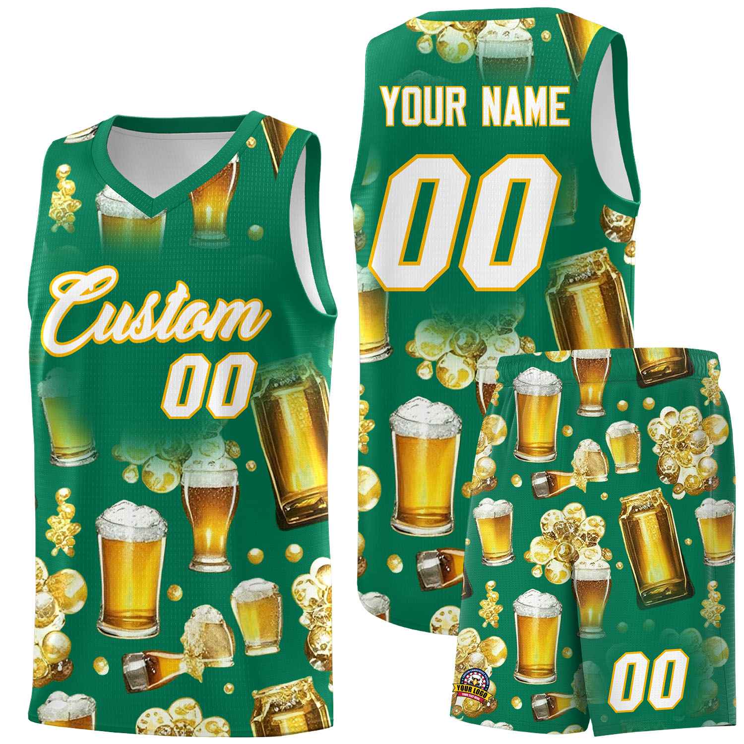 Custom Kelly Green National Beer Day Personalized Beer Bubble Basketball Jersey | Perfect for parties | Dye-sublimation printing | KXKSHOP