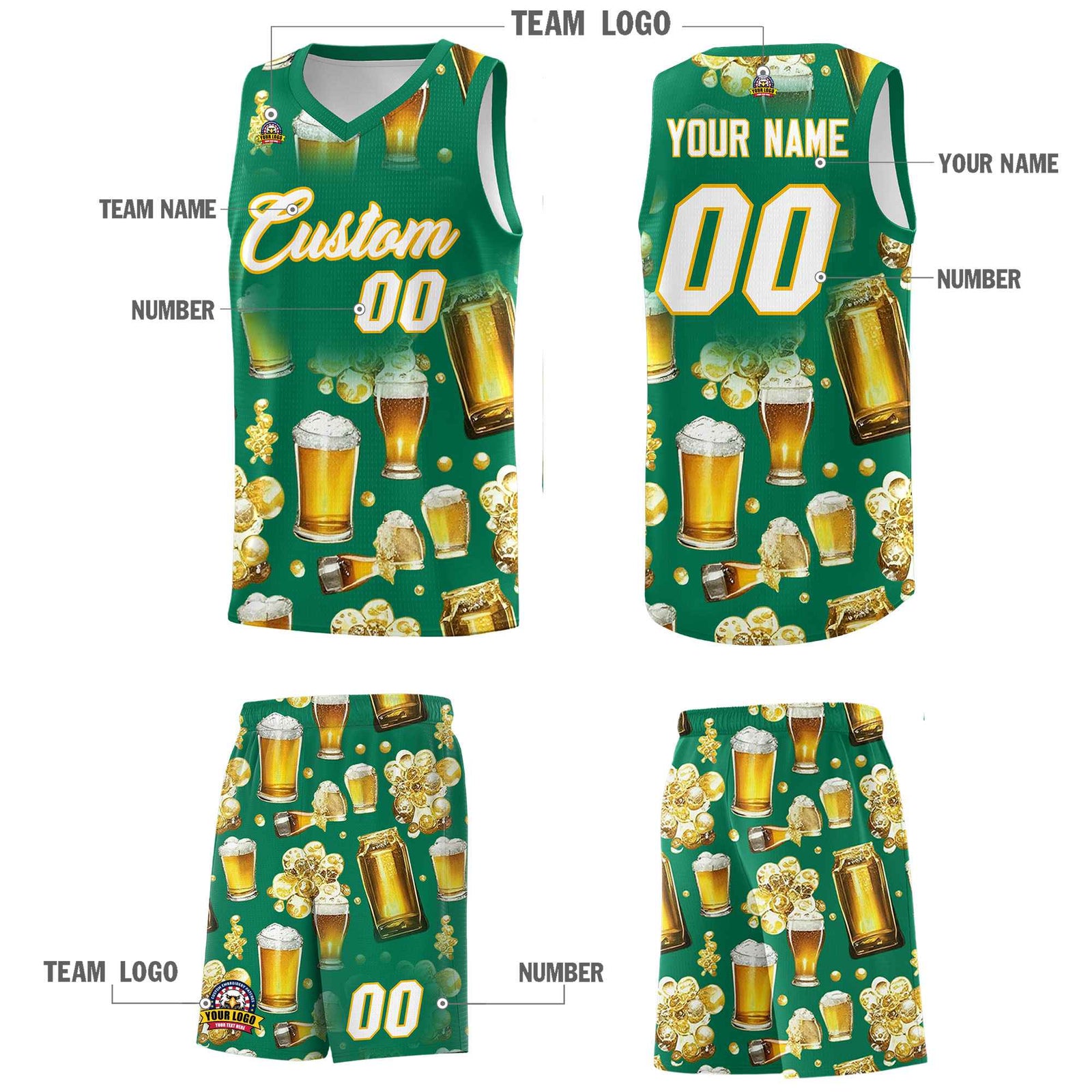 Custom Kelly Green National Beer Day Personalized Beer Bubble Basketball Jersey | Perfect for parties | Dye-sublimation printing | KXKSHOP