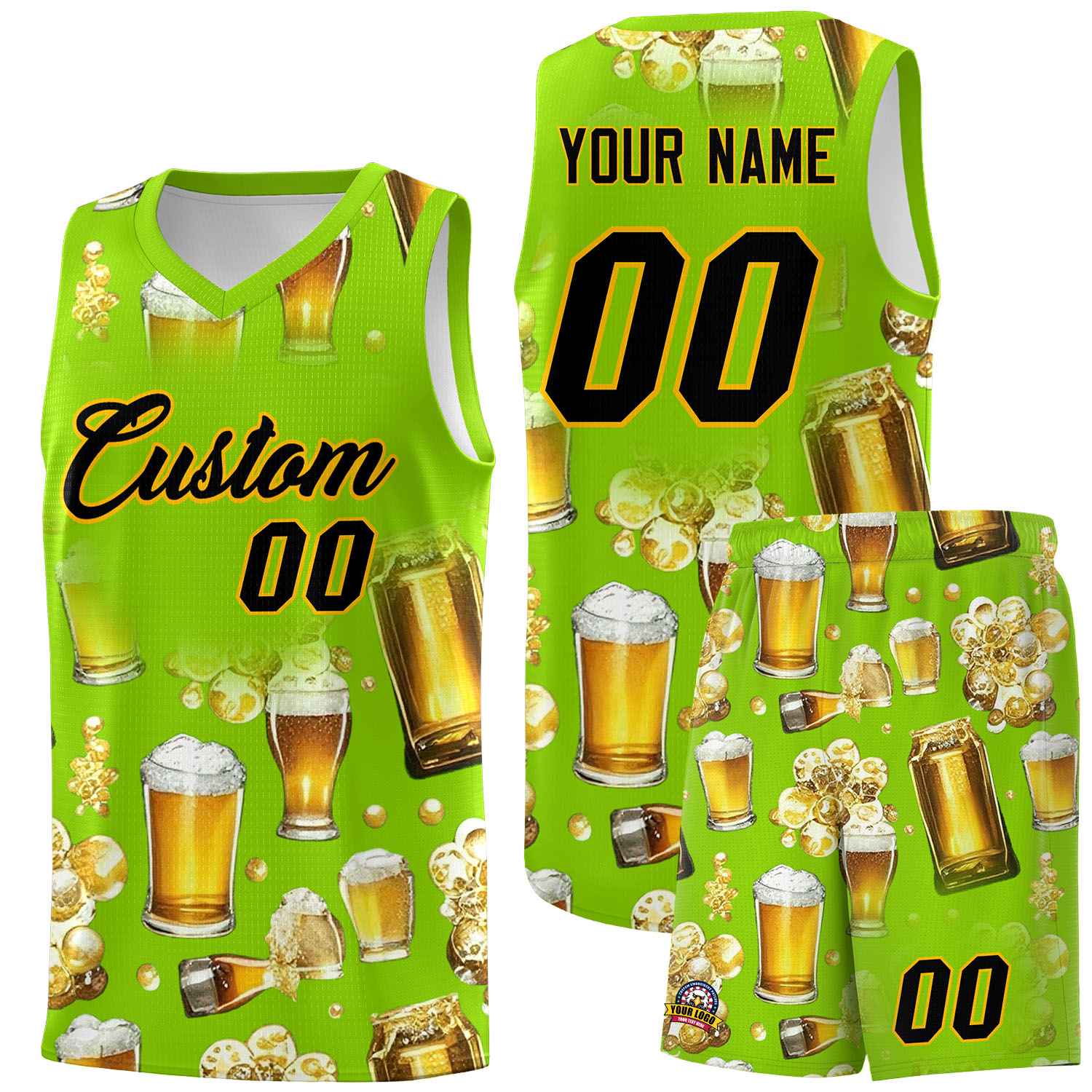 Custom Neon Green National Beer Day Personalized Beer Bubble Basketball Jersey | Perfect for parties | Dye-sublimation printing | KXKSHOP