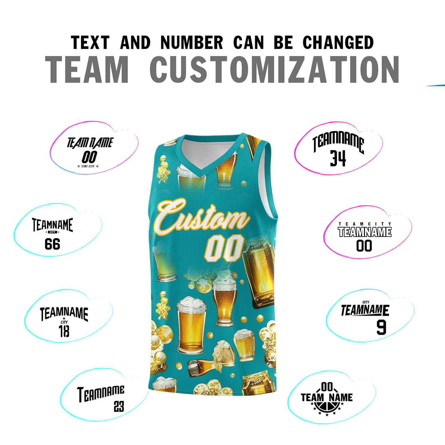 Custom Teal National Beer Day Personalized Beer Bubble Basketball Jersey | Perfect for parties | Dye-sublimation printing | KXKSHOP