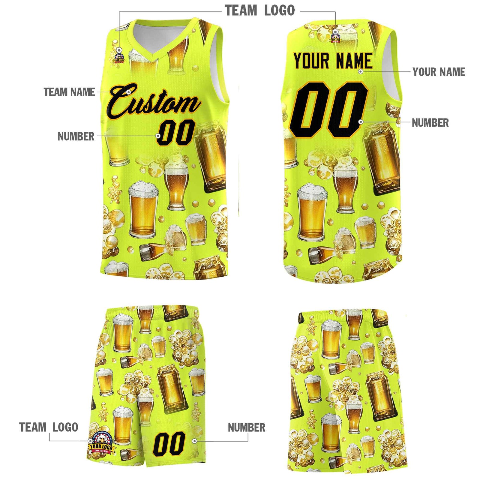 Custom Fluorescent Green National Beer Day Personalized Beer Bubble Basketball Jersey | Perfect for parties | Dye-sublimation printing | KXKSHOP