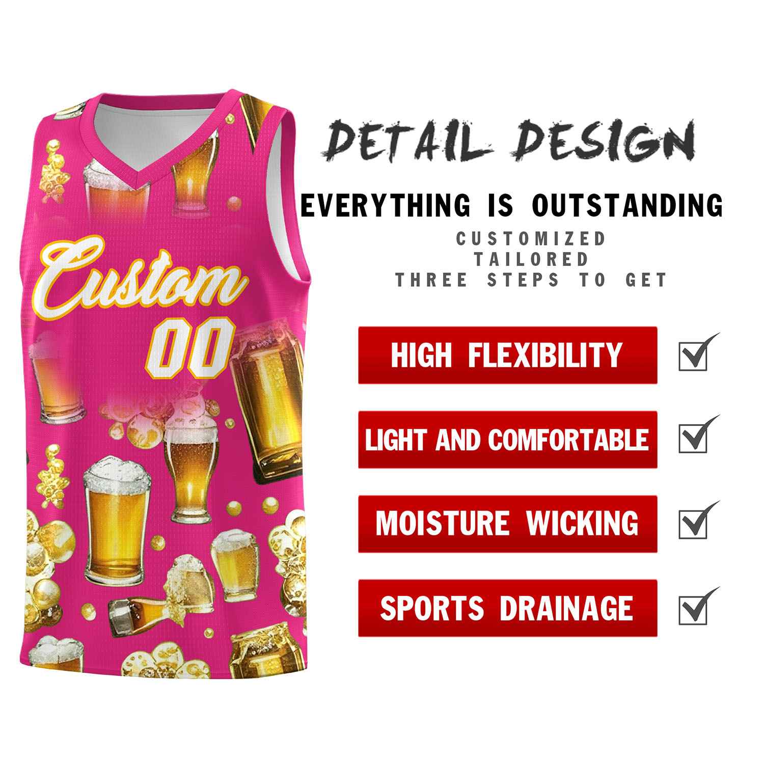 Custom Rose Red National Beer Day Personalized Beer Bubble Basketball Jersey | Perfect for parties | Dye-sublimation printing | KXKSHOP