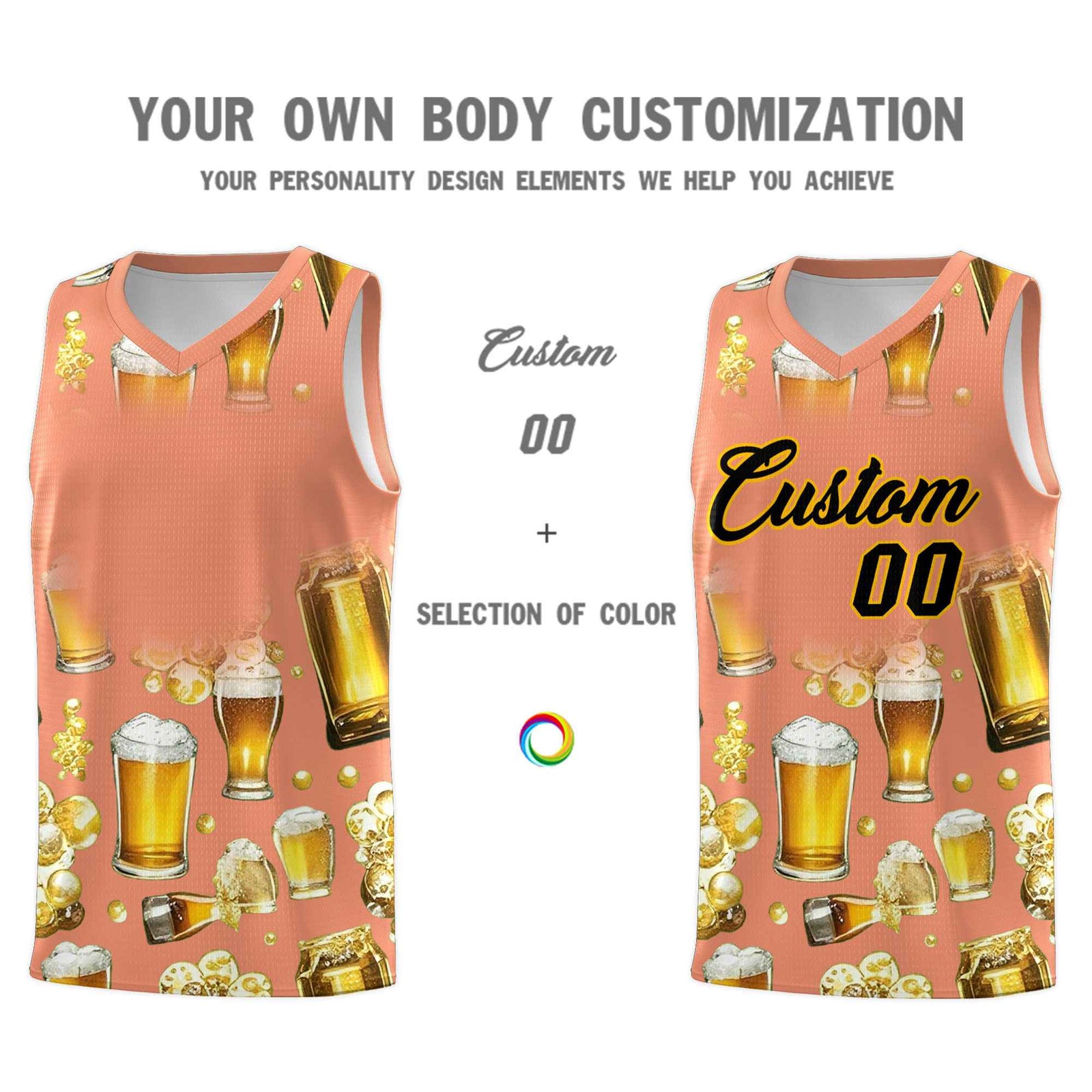 Custom Light Orange National Beer Day Personalized Beer Bubble Basketball Jersey | Perfect for parties | Dye-sublimation printing | KXKSHOP