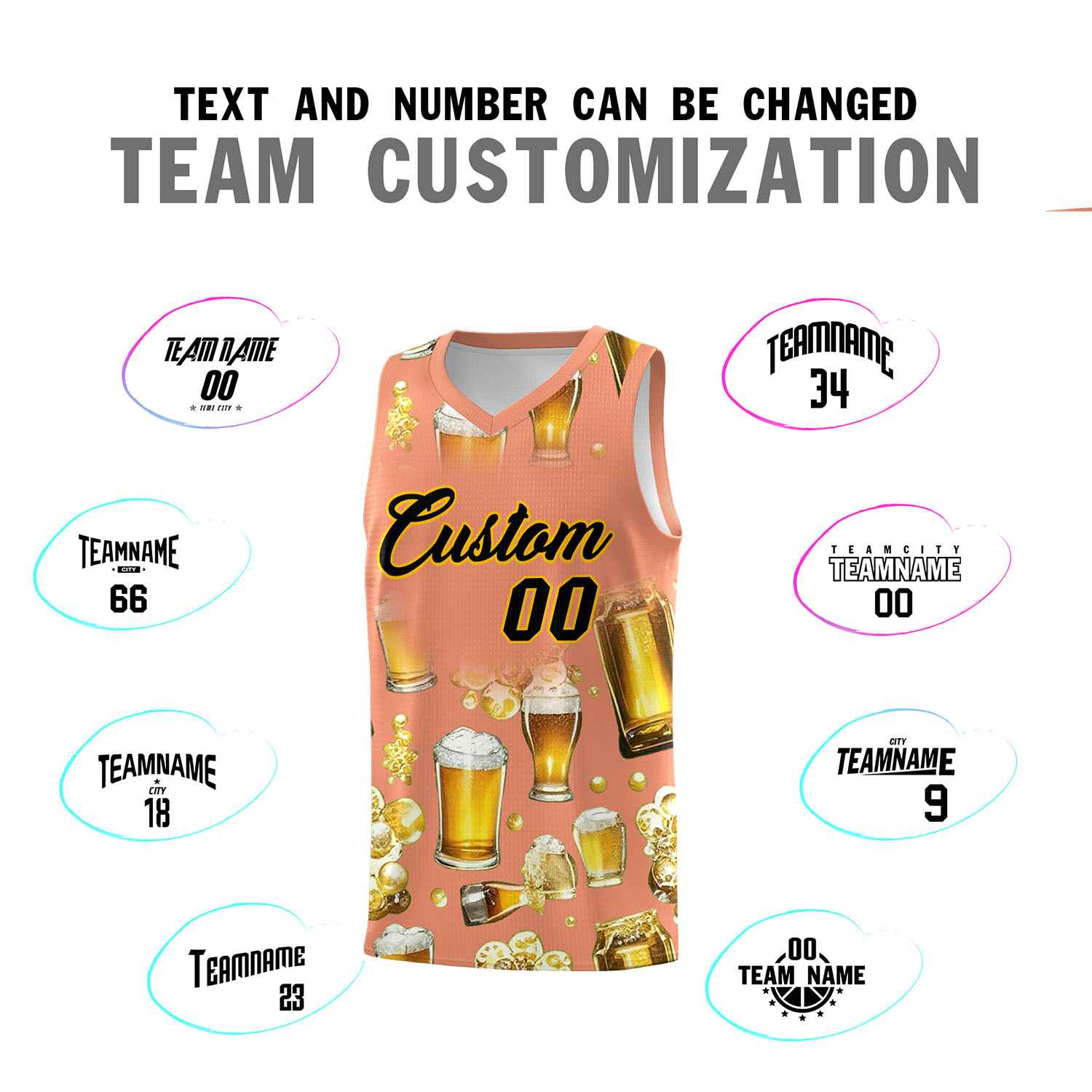 Custom Light Orange National Beer Day Personalized Beer Bubble Basketball Jersey | Perfect for parties | Dye-sublimation printing | KXKSHOP