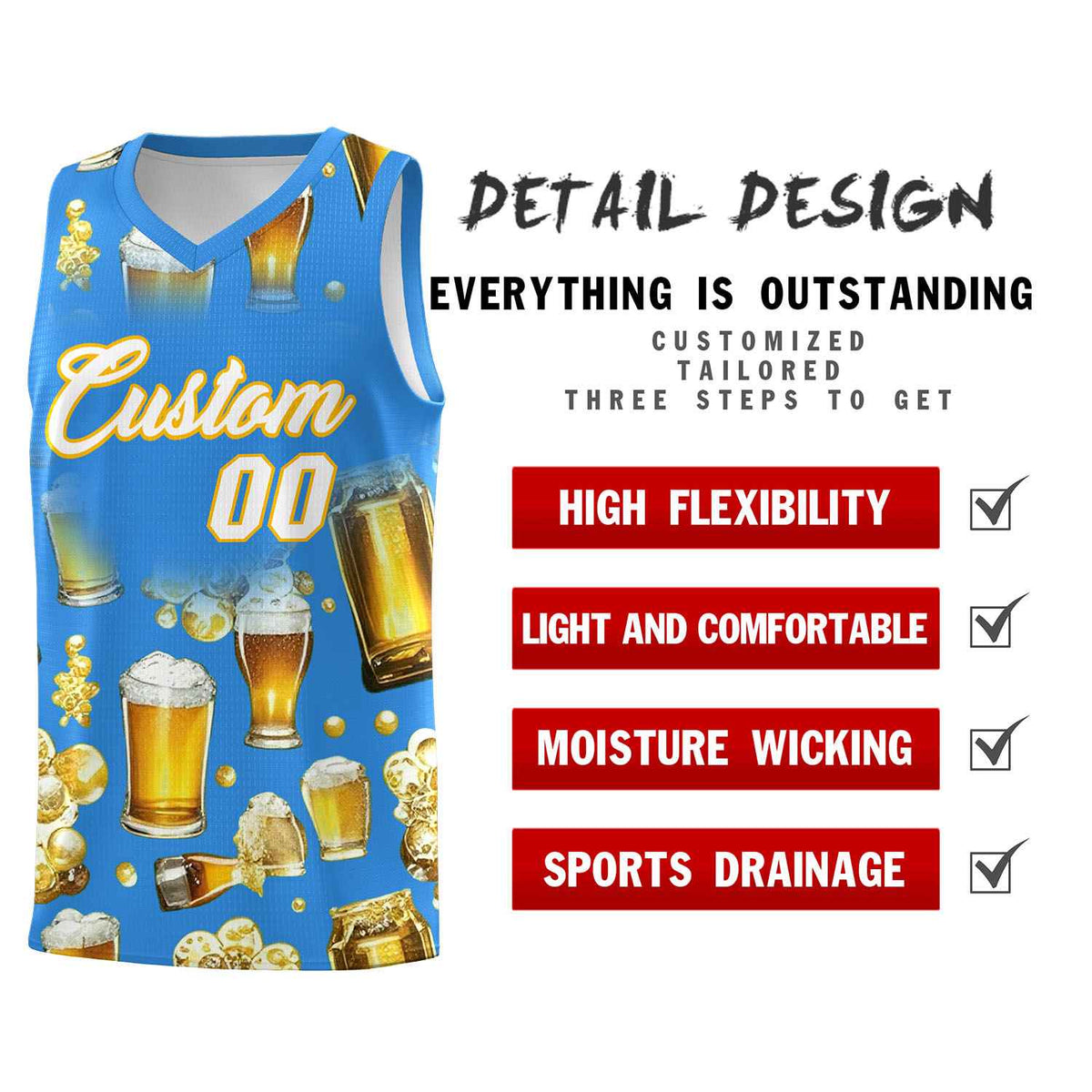 Custom Light Blue National Beer Day Personalized Beer Bubble Basketball Jersey | Perfect for parties | Dye-sublimation printing | KXKSHOP