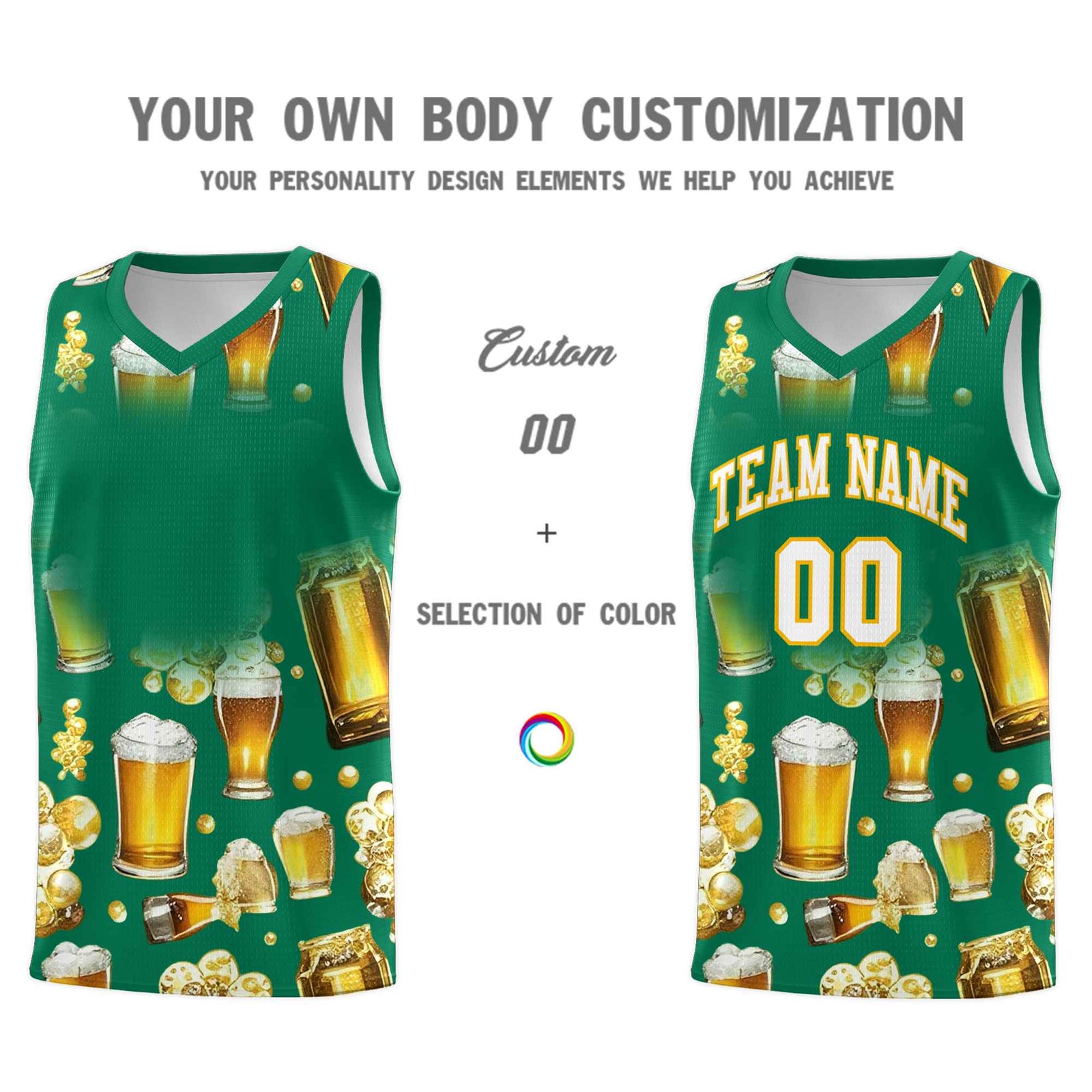 Custom Kelly Green National Beer Day Personalized Beer Bubble Basketball Jersey | Perfect for parties | Dye-sublimation printing | KXKSHOP