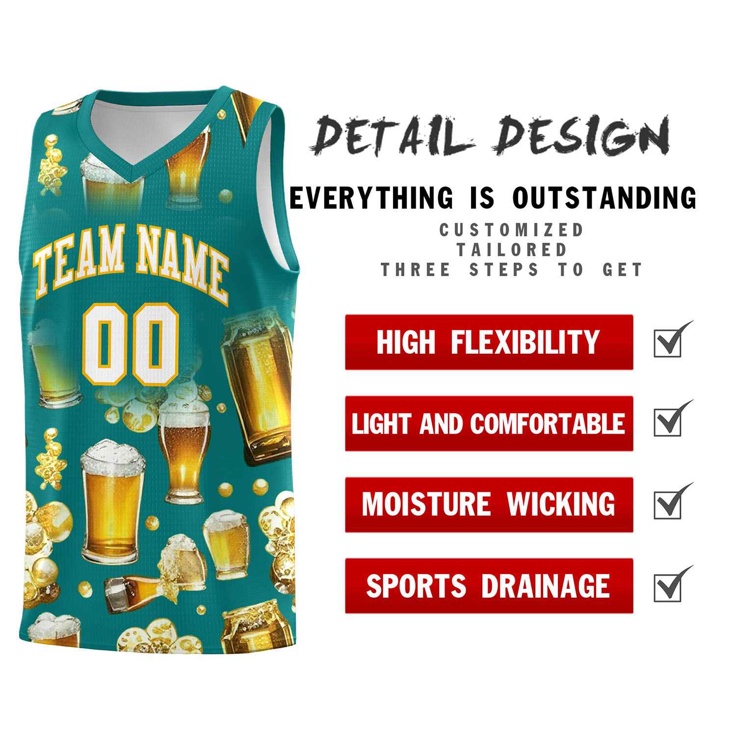 Custom Teal National Beer Day Personalized Beer Bubble Basketball Jersey | Perfect for parties | Dye-sublimation printing | KXKSHOP