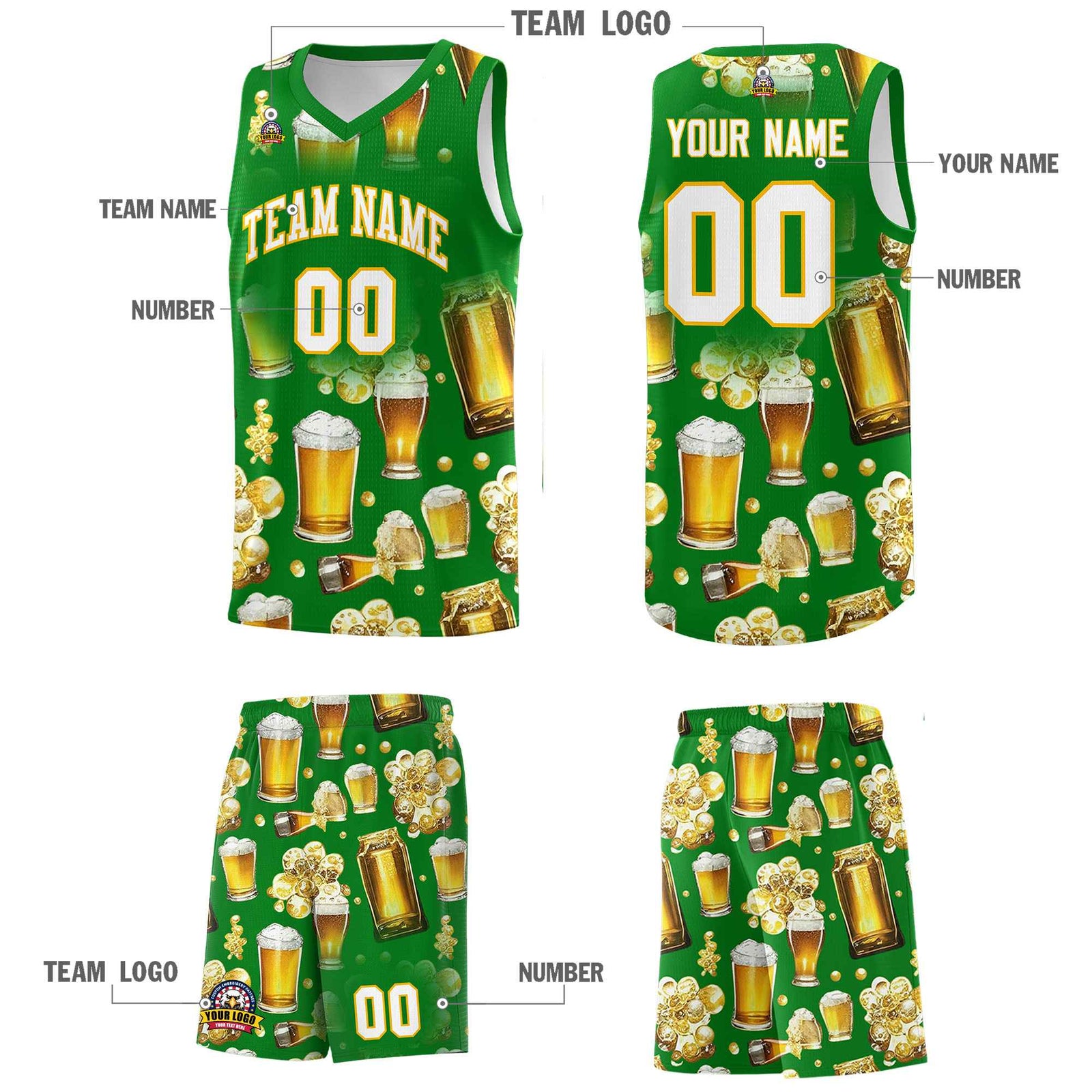 Custom Kelly Green-02 National Beer Day Personalized Beer Bubble Basketball Jersey | Perfect for parties | Dye-sublimation printing | KXKSHOP