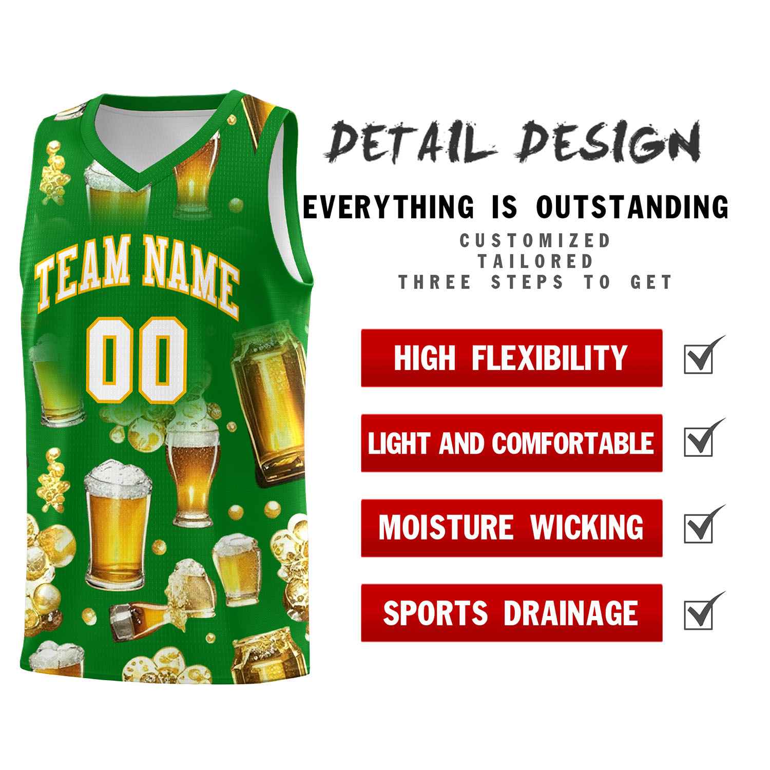 Custom Kelly Green-02 National Beer Day Personalized Beer Bubble Basketball Jersey | Perfect for parties | Dye-sublimation printing | KXKSHOP