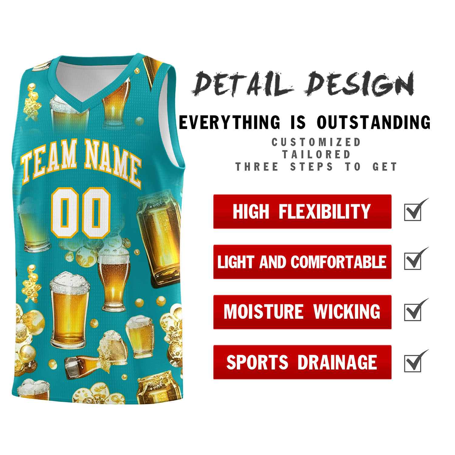 Custom Teal National Beer Day Personalized Beer Bubble Basketball Jersey | Perfect for parties | Dye-sublimation printing | KXKSHOP
