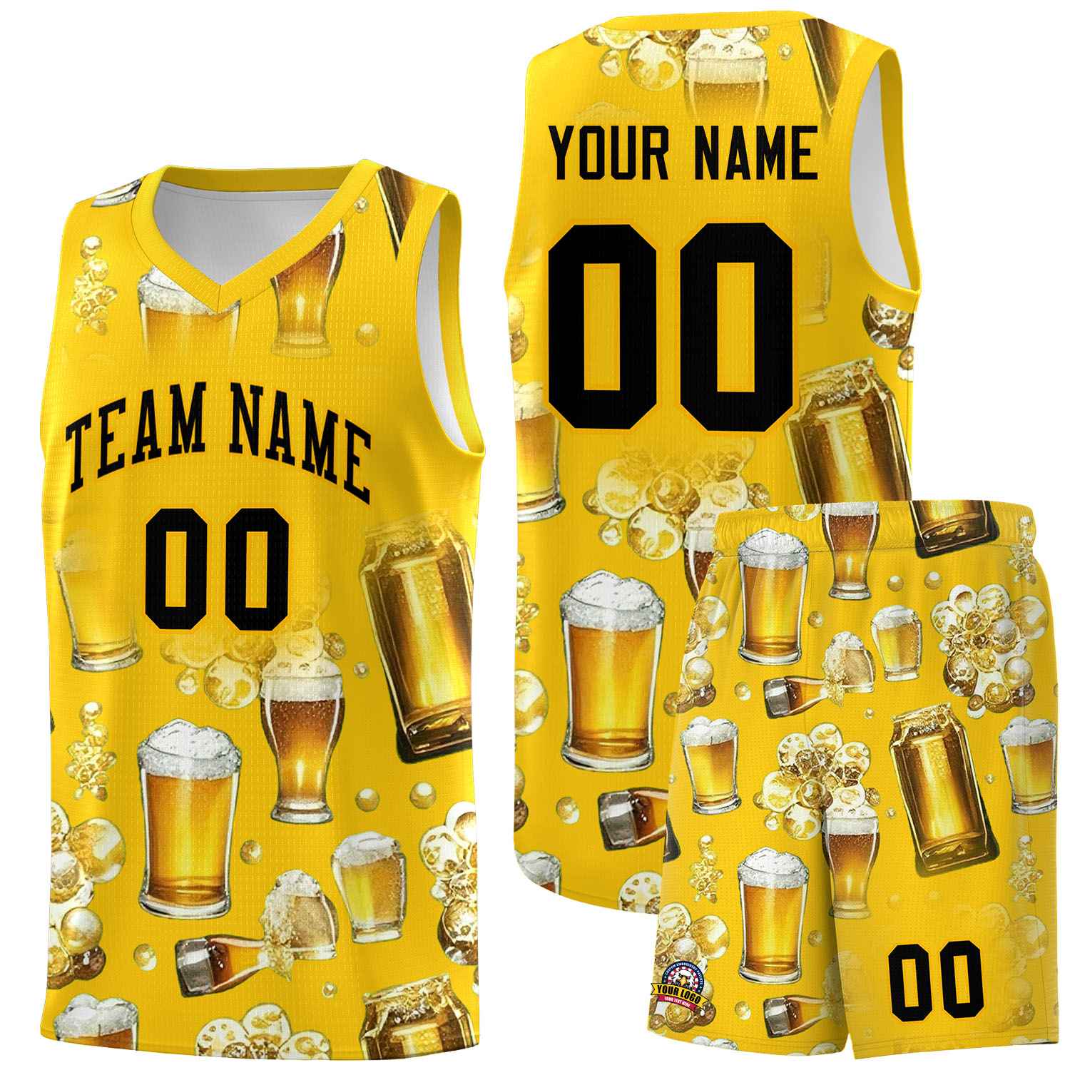 Custom Gold National Beer Day Personalized Beer Bubble Basketball Jersey | Perfect for parties | Dye-sublimation printing | KXKSHOP