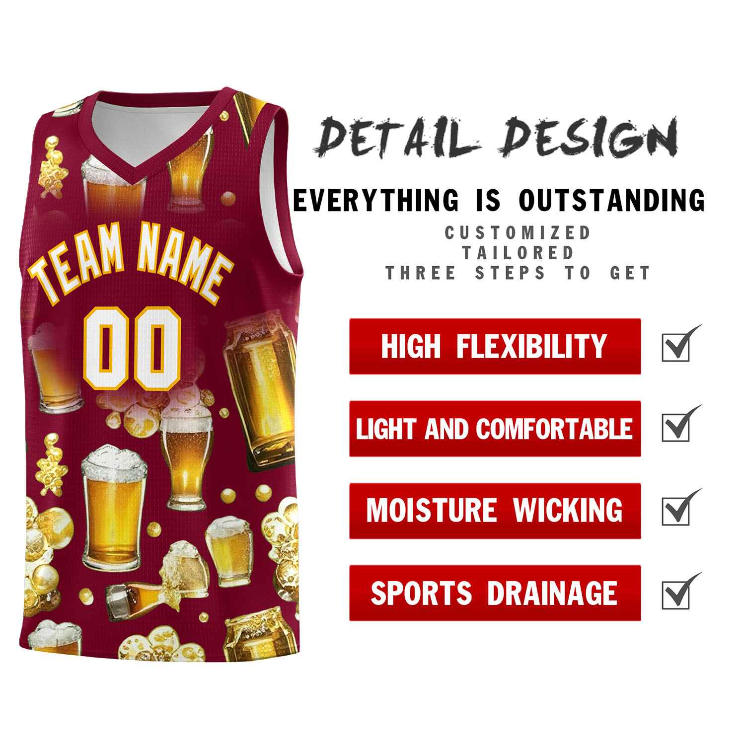 Custom Crimson National Beer Day Personalized Beer Bubble Basketball Jersey | Perfect for parties | Dye-sublimation printing | KXKSHOP