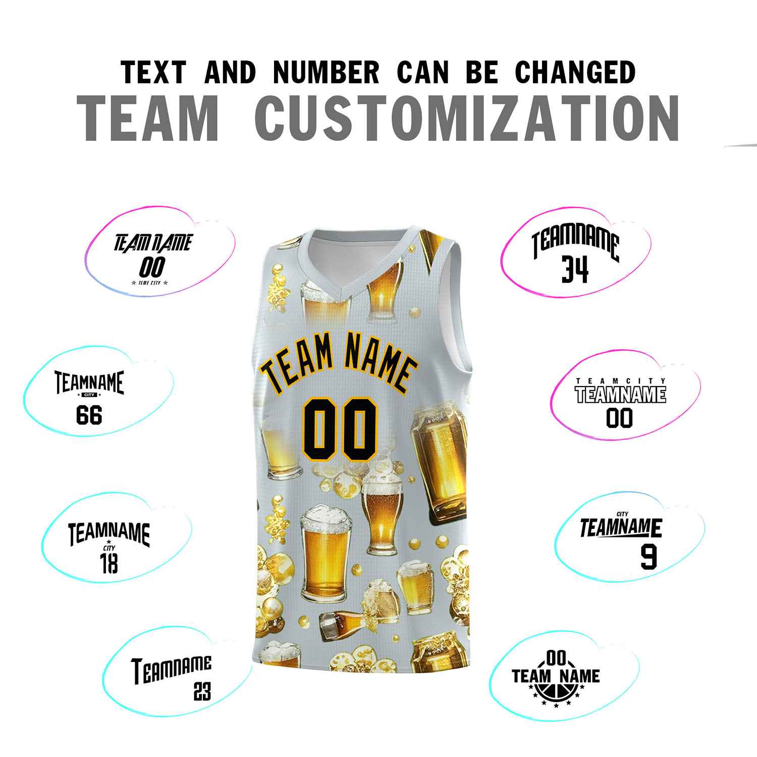 Custom Silver National Beer Day Personalized Beer Bubble Basketball Jersey | Perfect for parties | Dye-sublimation printing | KXKSHOP