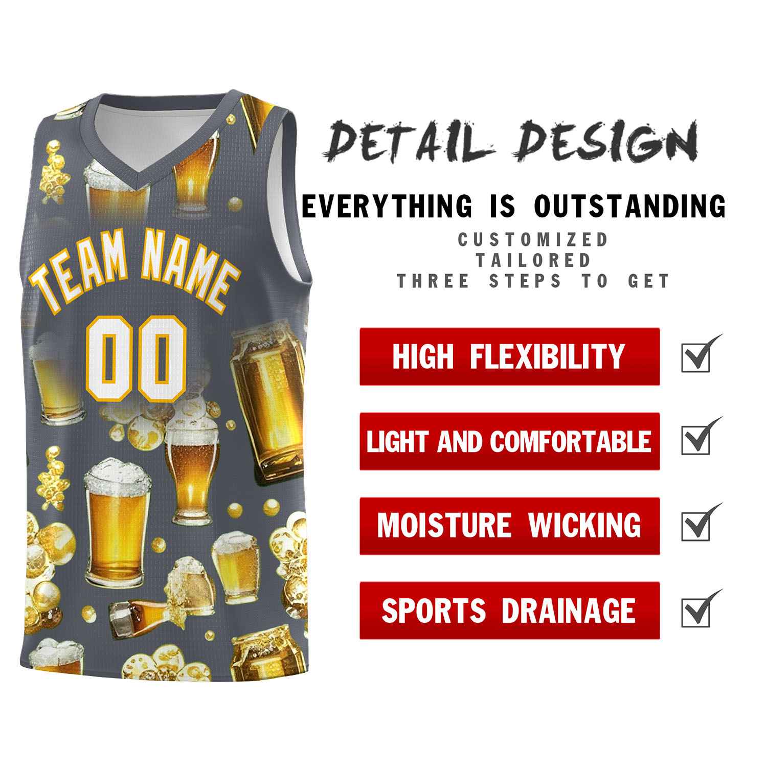 Custom Gray National Beer Day Personalized Beer Bubble Basketball Jersey | Perfect for parties | Dye-sublimation printing | KXKSHOP