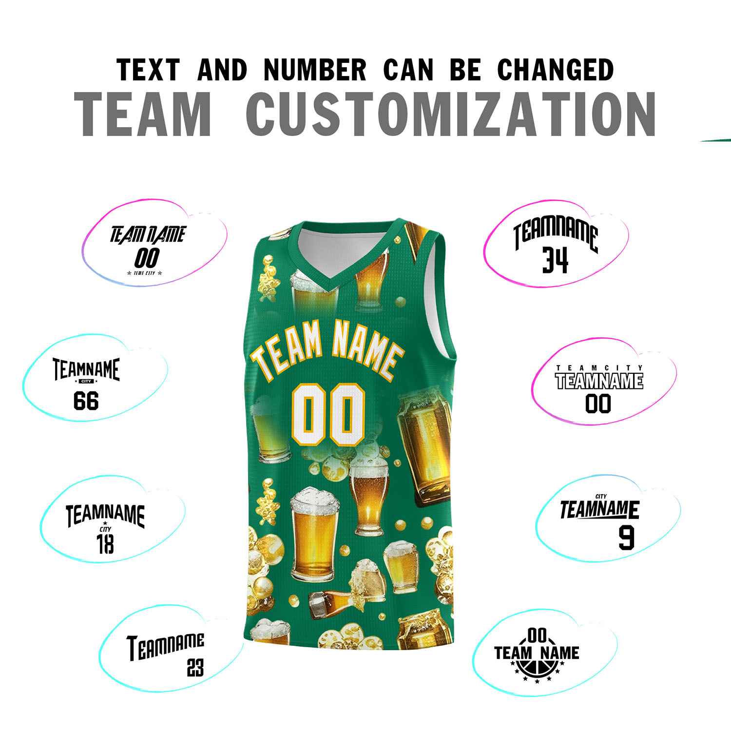 Custom Kelly Green National Beer Day Personalized Beer Bubble Basketball Jersey | Perfect for parties | Dye-sublimation printing | KXKSHOP