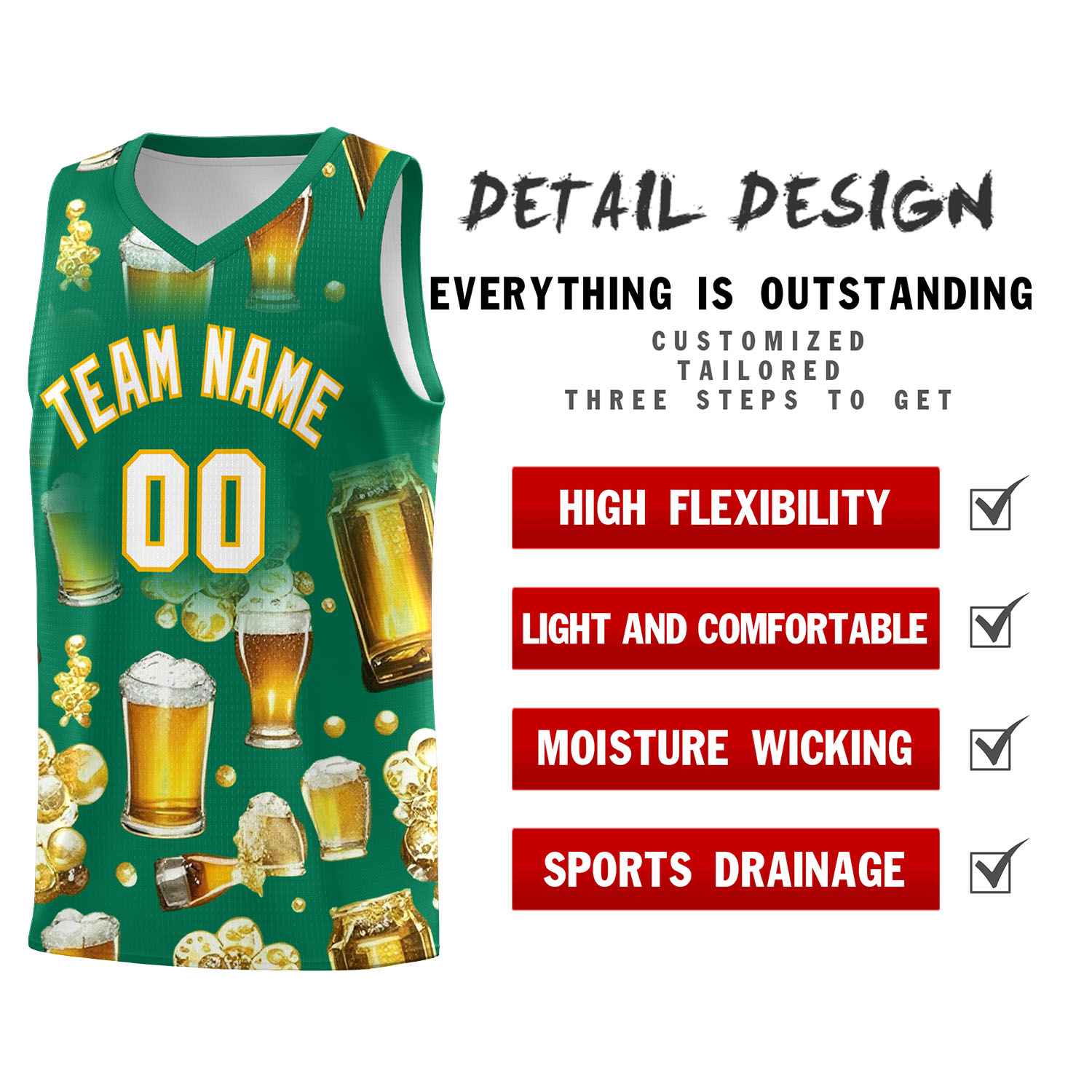 Custom Kelly Green National Beer Day Personalized Beer Bubble Basketball Jersey | Perfect for parties | Dye-sublimation printing | KXKSHOP