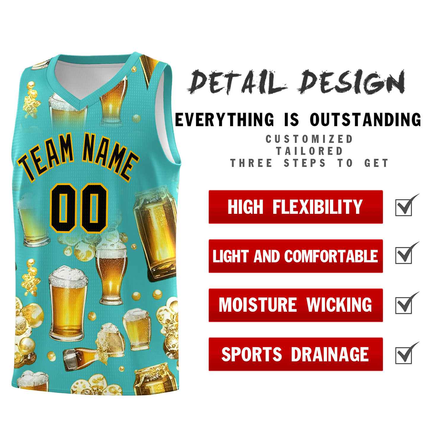 Custom Teal National Beer Day Personalized Beer Bubble Basketball Jersey | Perfect for parties | Dye-sublimation printing | KXKSHOP