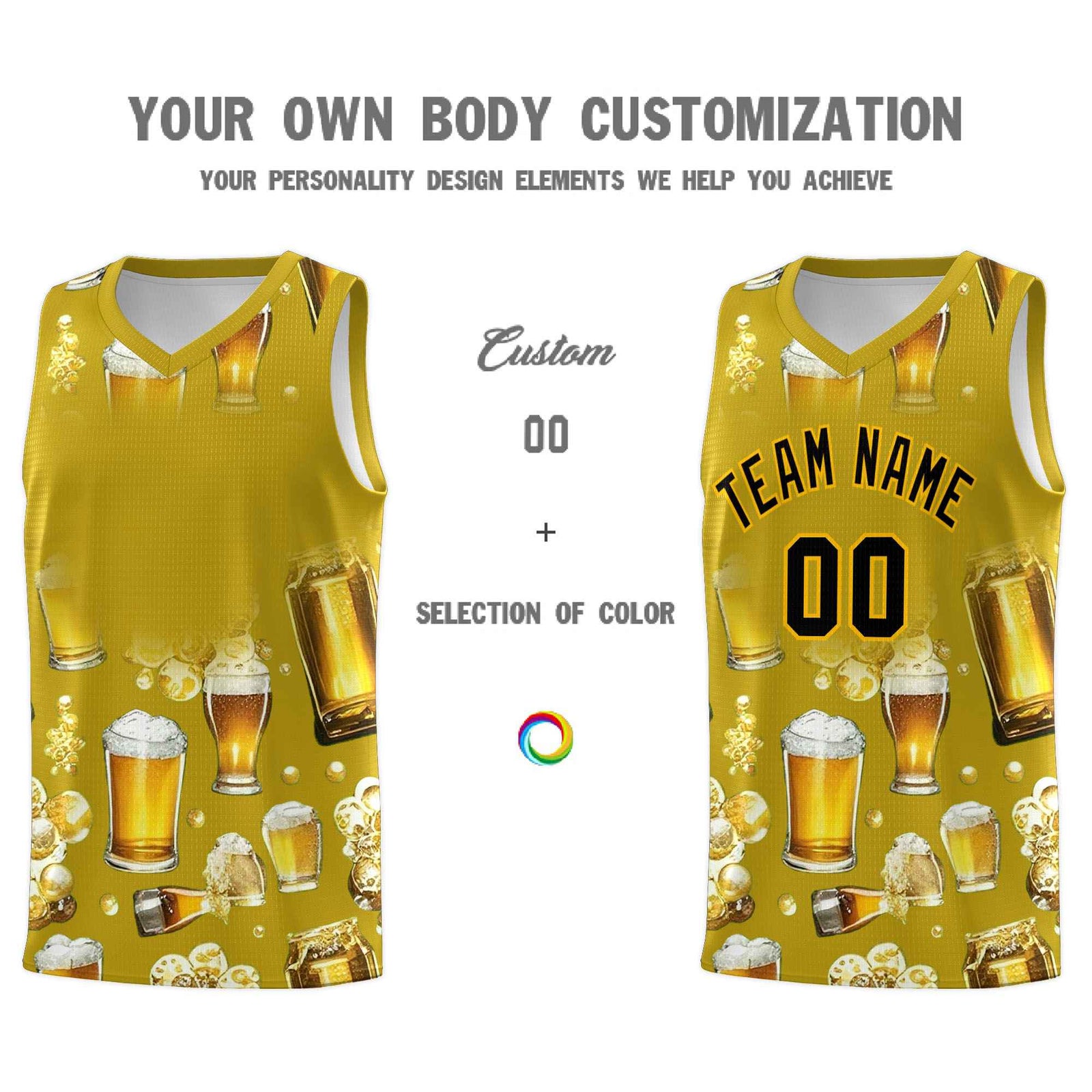 Custom Old Gold National Beer Day Personalized Beer Bubble Basketball Jersey | Perfect for parties | Dye-sublimation printing | KXKSHOP
