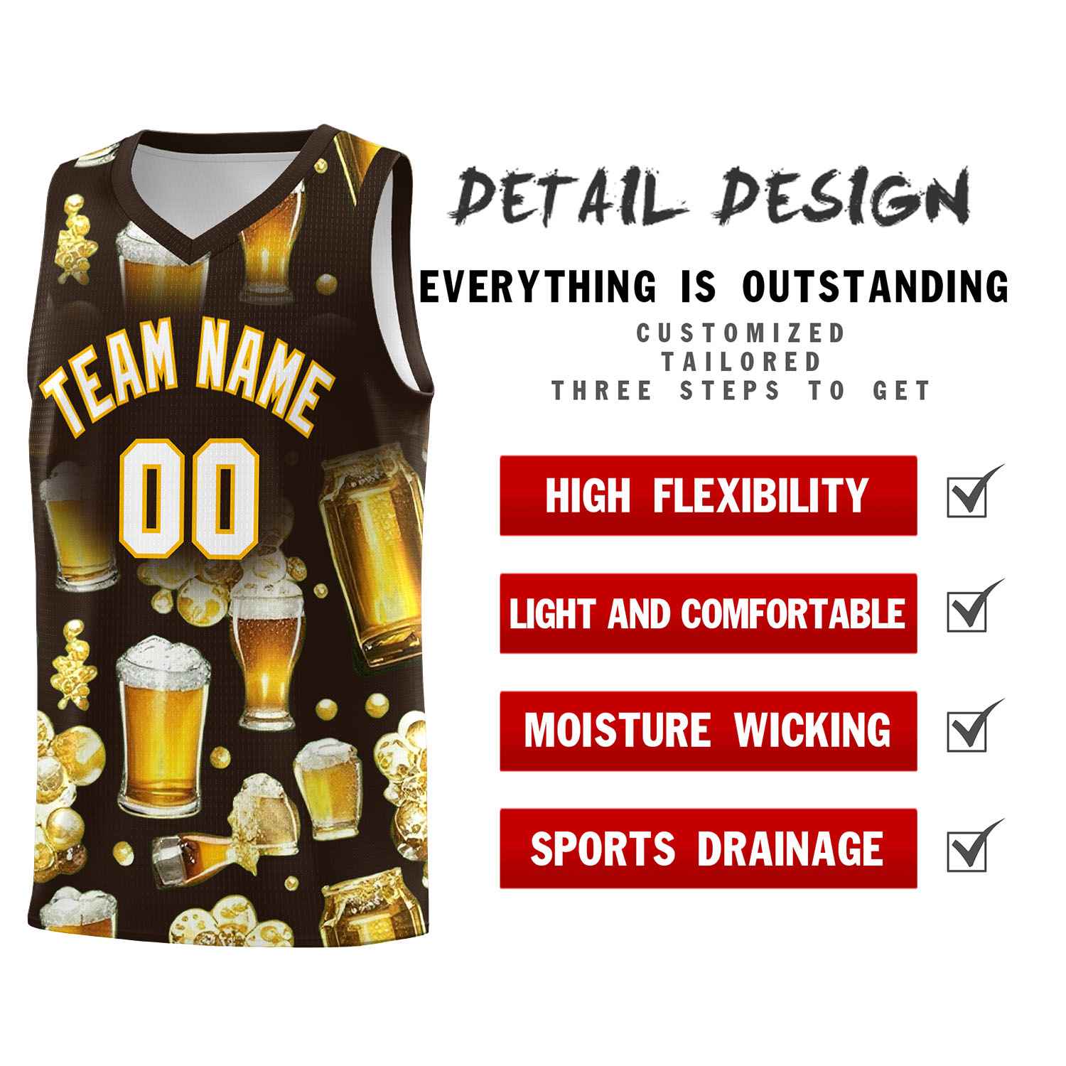 Custom Brown National Beer Day Personalized Beer Bubble Basketball Jersey | Perfect for parties | Dye-sublimation printing | KXKSHOP
