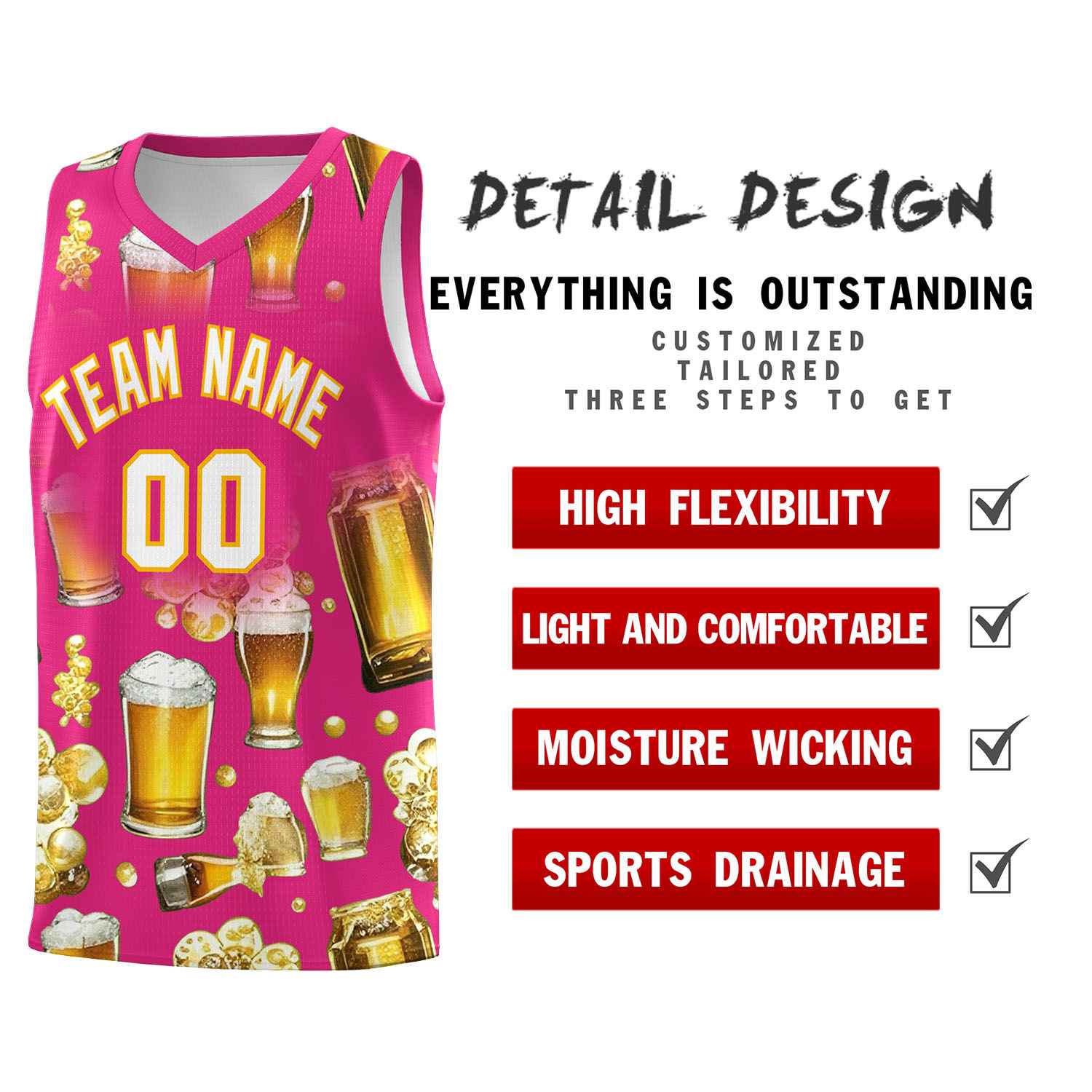 Custom Rose Red National Beer Day Personalized Beer Bubble Basketball Jersey | Perfect for parties | Dye-sublimation printing | KXKSHOP