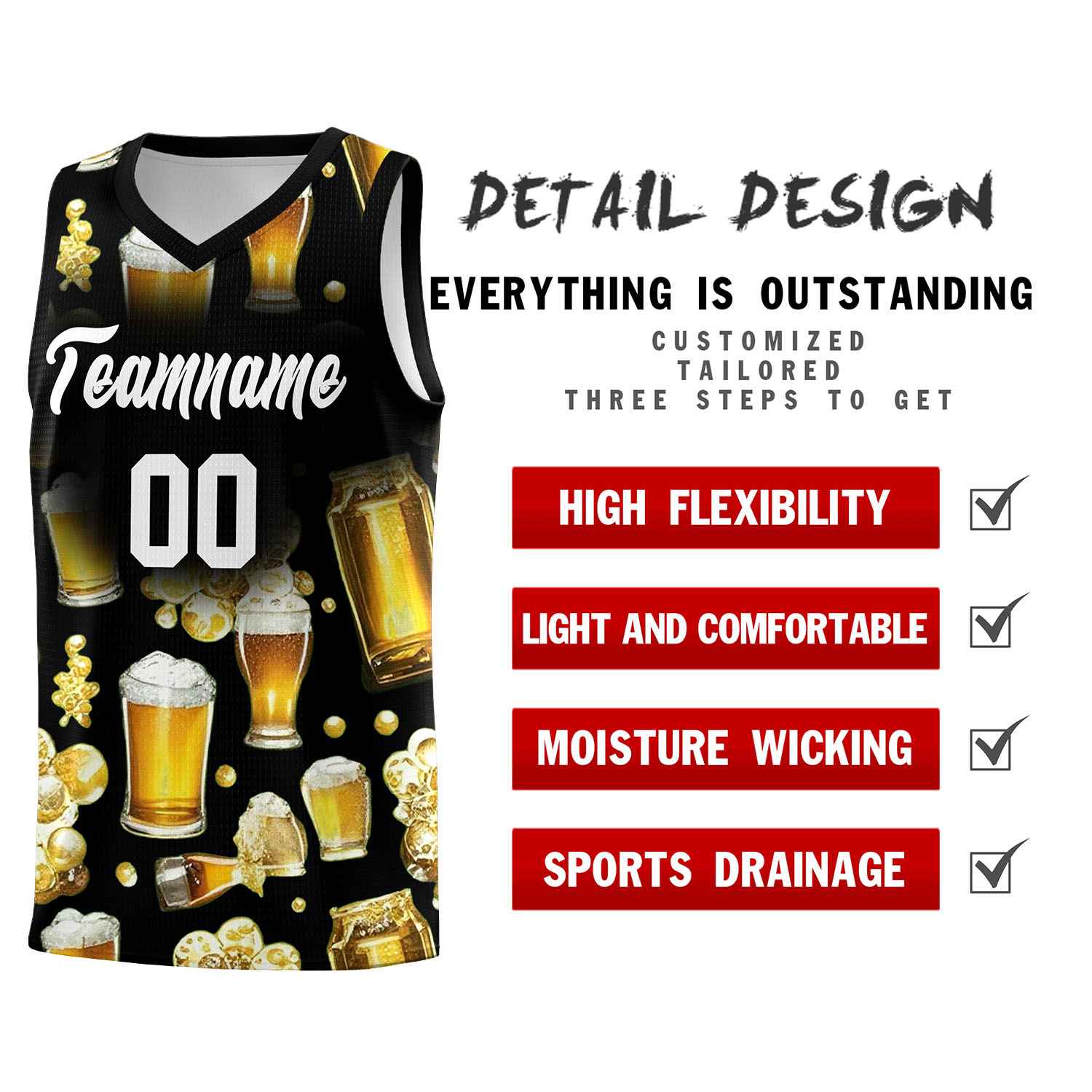 Custom Black National Beer Day Personalized Beer Bubble Basketball Jersey | Perfect for parties | Dye-sublimation printing | KXKSHOP