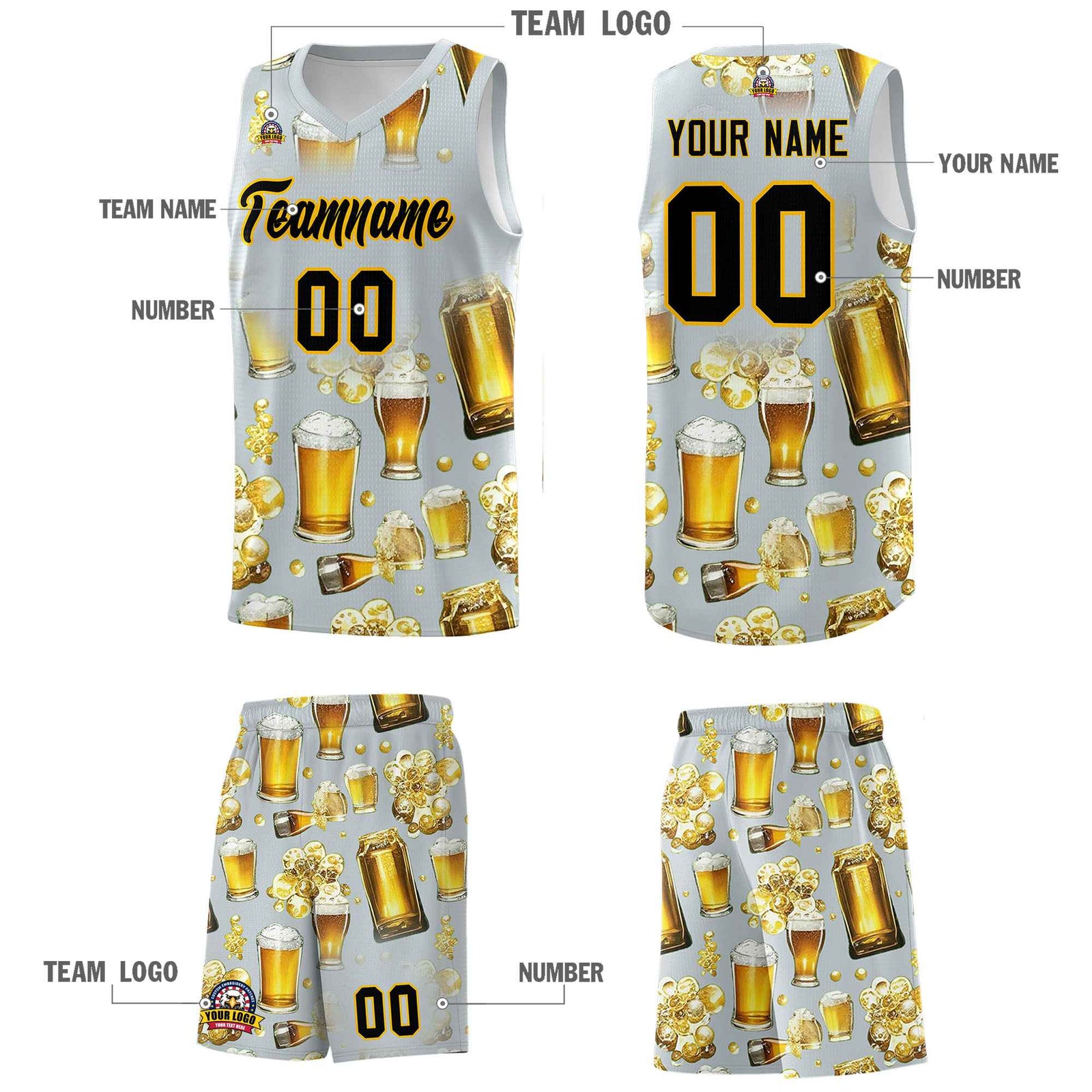 Custom Silver National Beer Day Personalized Beer Bubble Basketball Jersey | Perfect for parties | Dye-sublimation printing | KXKSHOP