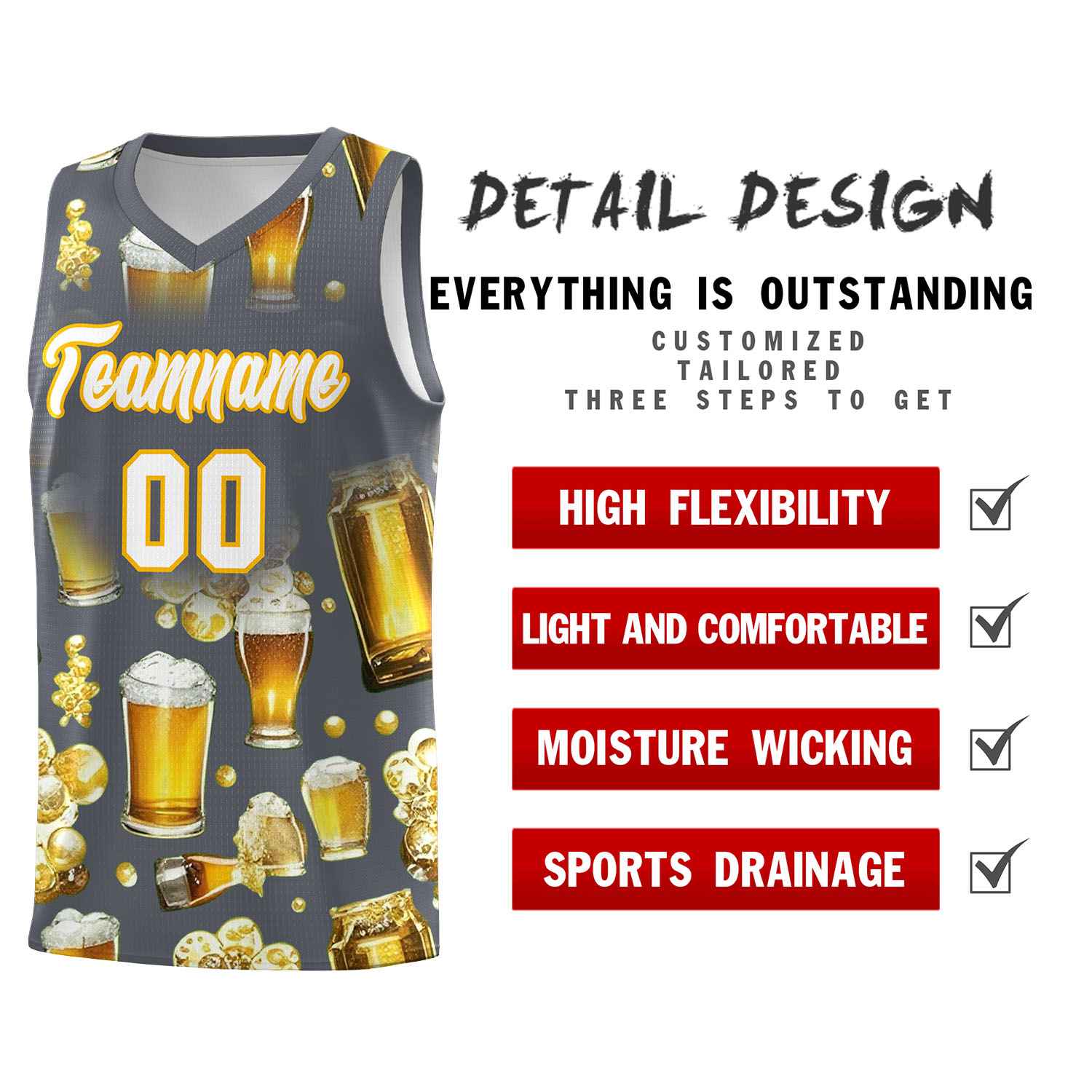 Custom Gray National Beer Day Personalized Beer Bubble Basketball Jersey | Perfect for parties | Dye-sublimation printing | KXKSHOP