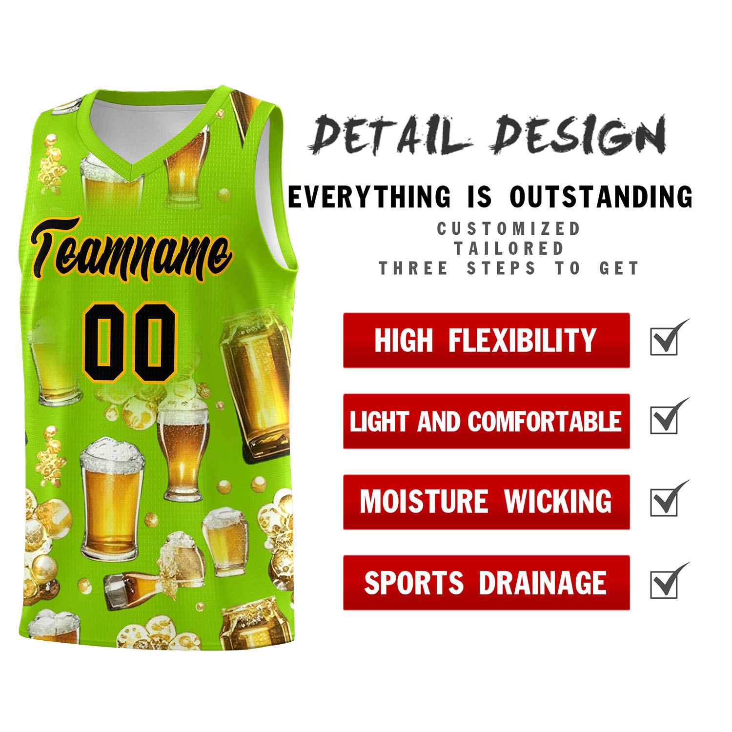 Custom Neon Green National Beer Day Personalized Beer Bubble Basketball Jersey | Perfect for parties | Dye-sublimation printing | KXKSHOP