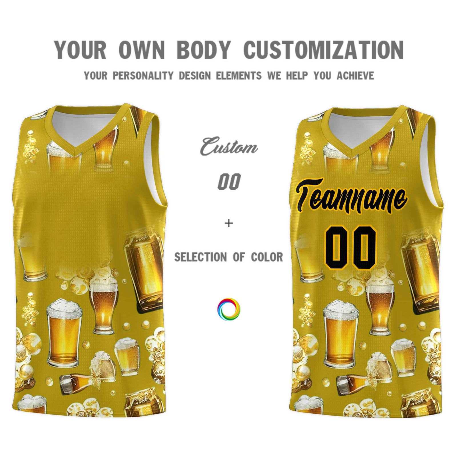 Custom Old Gold National Beer Day Personalized Beer Bubble Basketball Jersey | Perfect for parties | Dye-sublimation printing | KXKSHOP