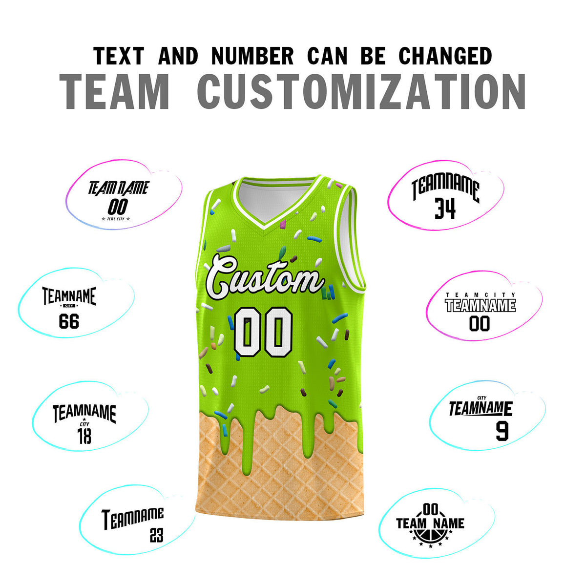 Custom Neon Green Basketball Kits with Ice Cream Element Pattern